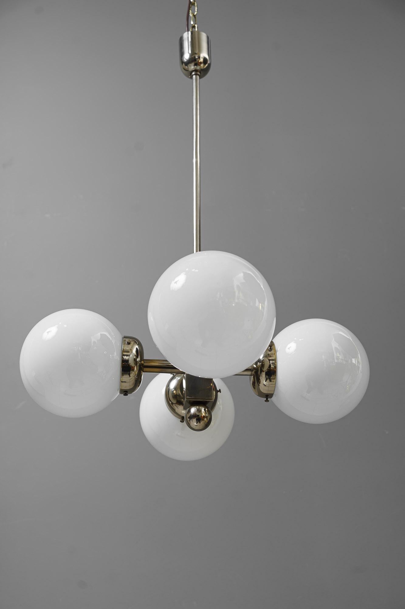 Nickel-plated art deco chandelier with opal glass shades vienna around 1920s For Sale 2