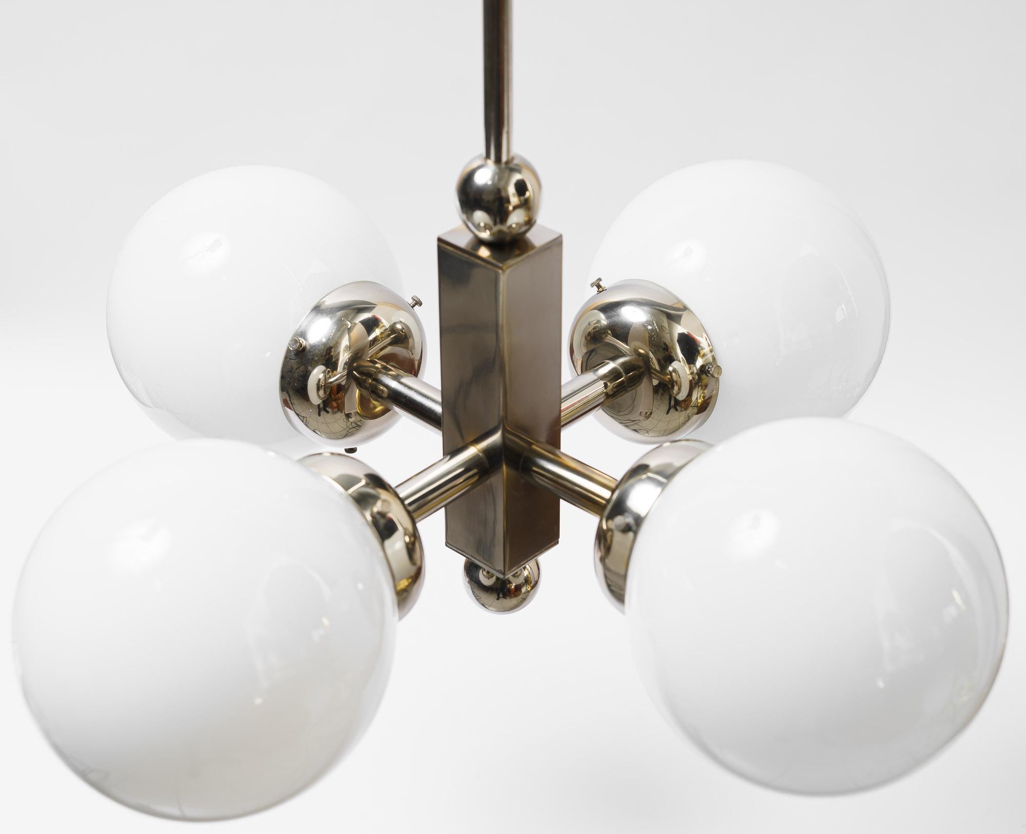 Opal Nickel-plated art deco chandelier with opal glass shades vienna around 1920s For Sale