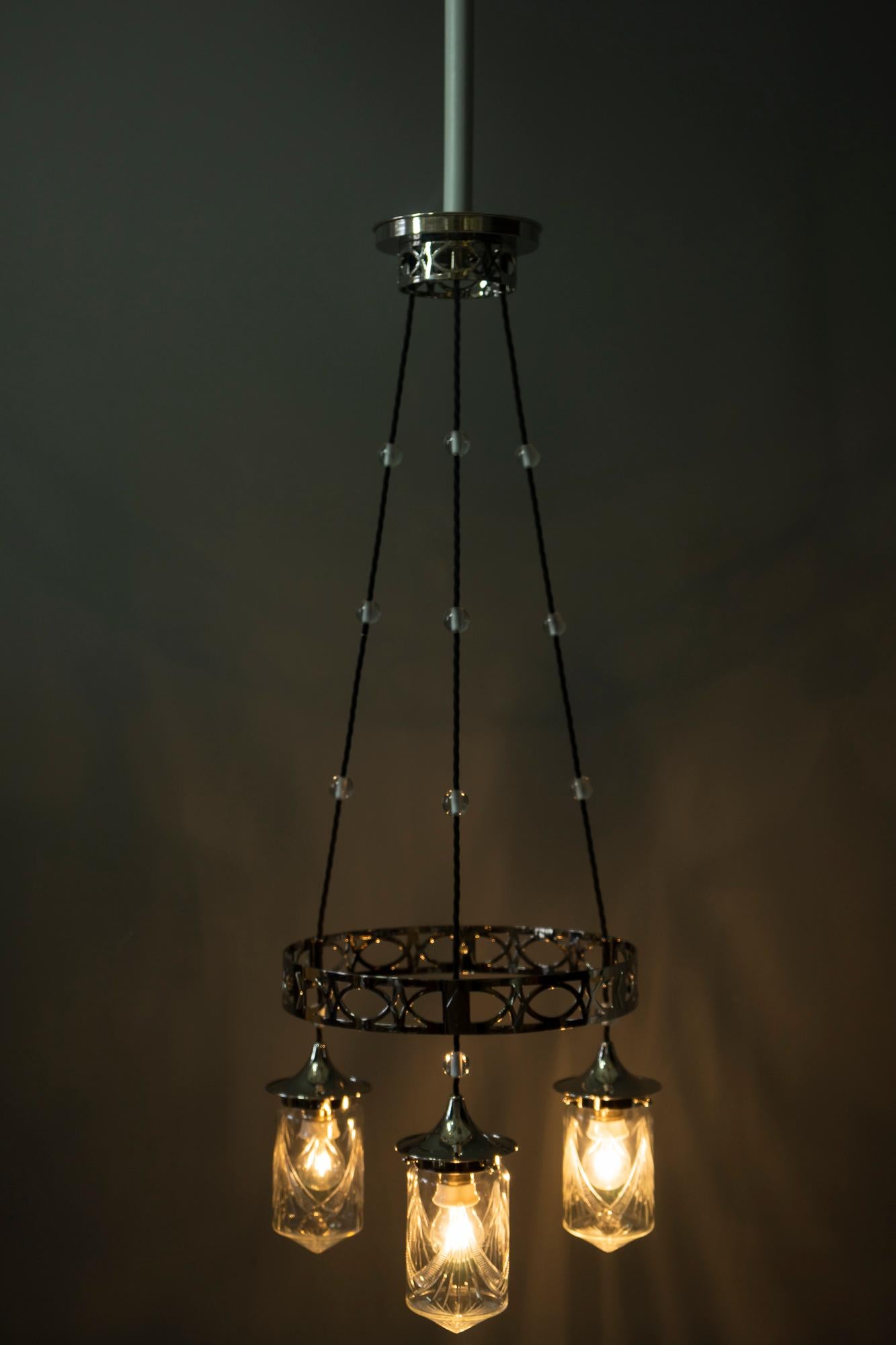 Nickel-Plated Art Deco Chandelier with Original Cut-Glasses, circa 1920s For Sale 11