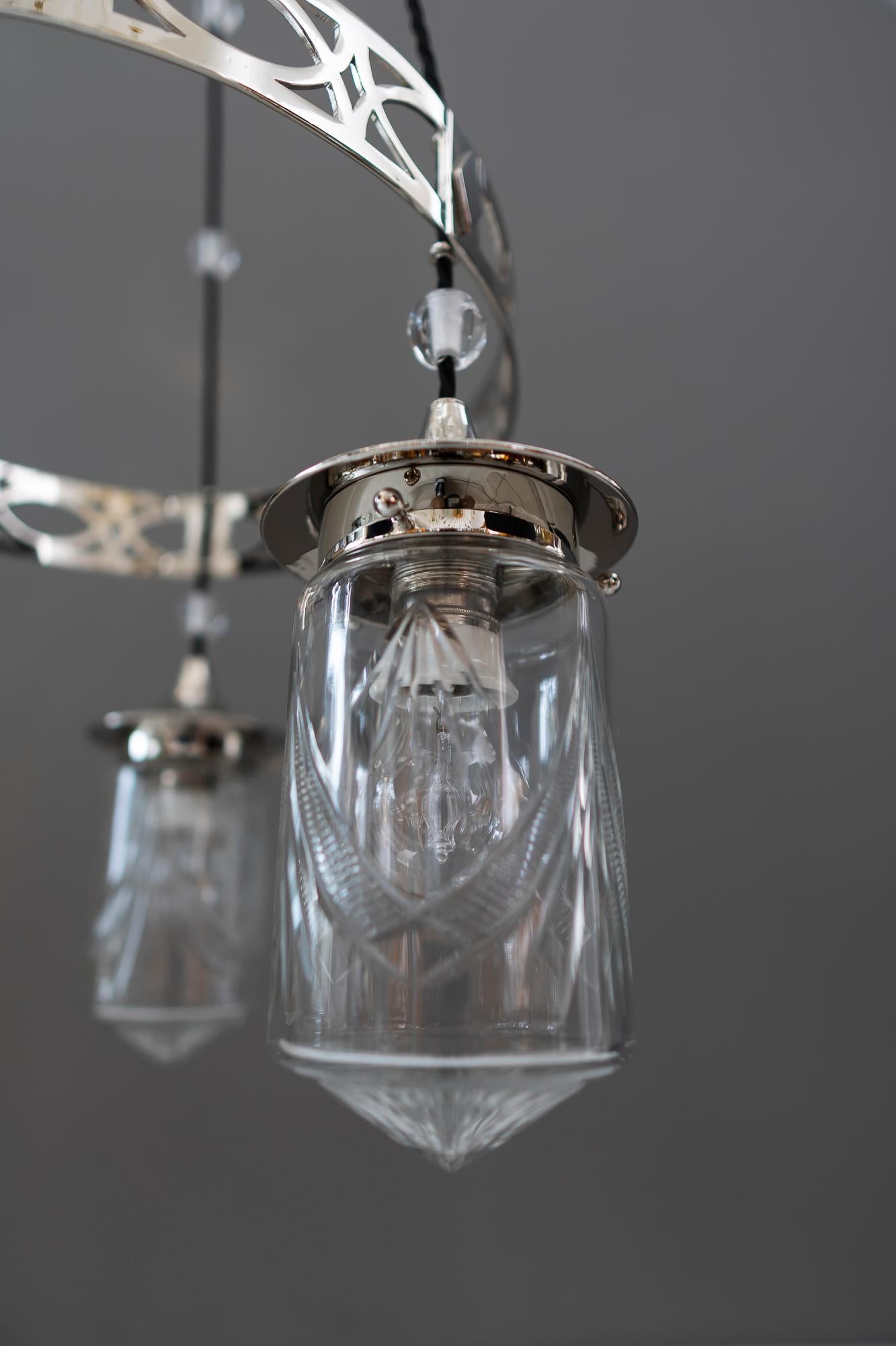 Early 20th Century Nickel-Plated Art Deco Chandelier with Original Cut-Glasses, circa 1920s For Sale
