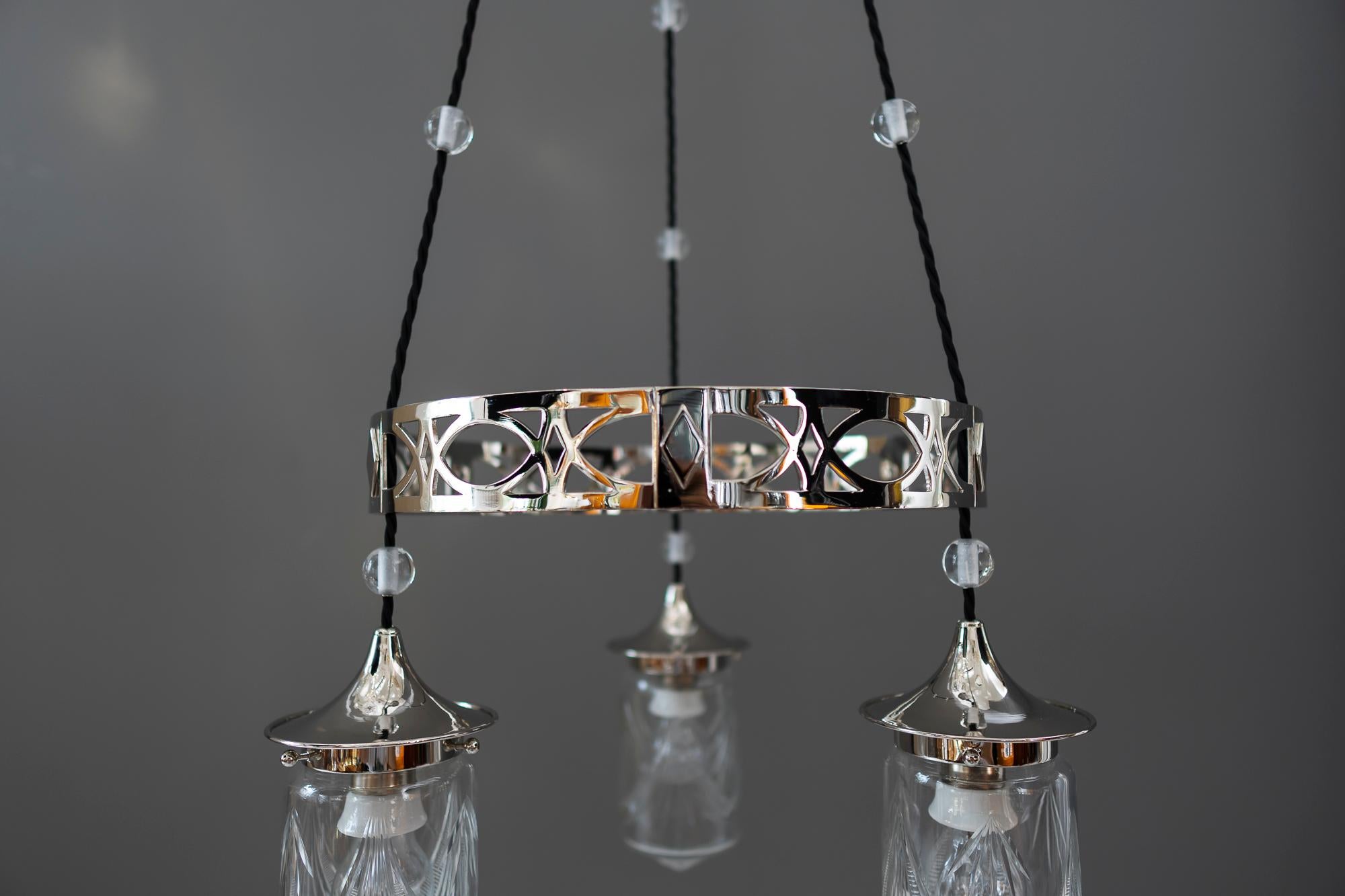 Brass Nickel-Plated Art Deco Chandelier with Original Cut-Glasses, circa 1920s For Sale