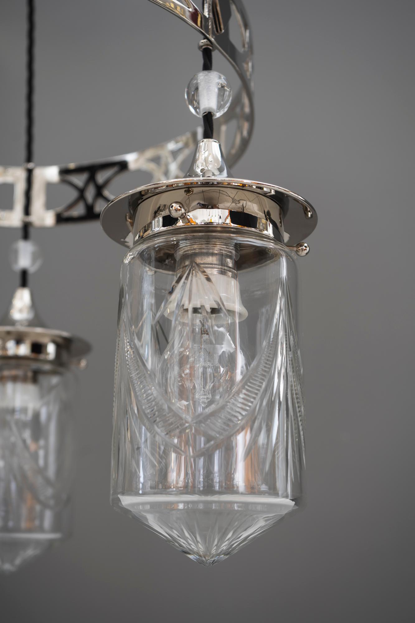 Nickel-Plated Art Deco Chandelier with Original Cut-Glasses, circa 1920s For Sale 2