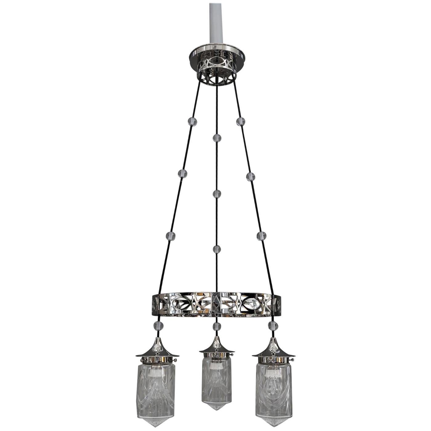 Nickel-Plated Art Deco Chandelier with Original Cut-Glasses, circa 1920s For Sale