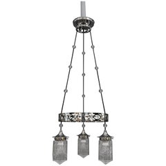 Nickel-Plated Art Deco Chandelier with Original Cut-Glasses, circa 1920s