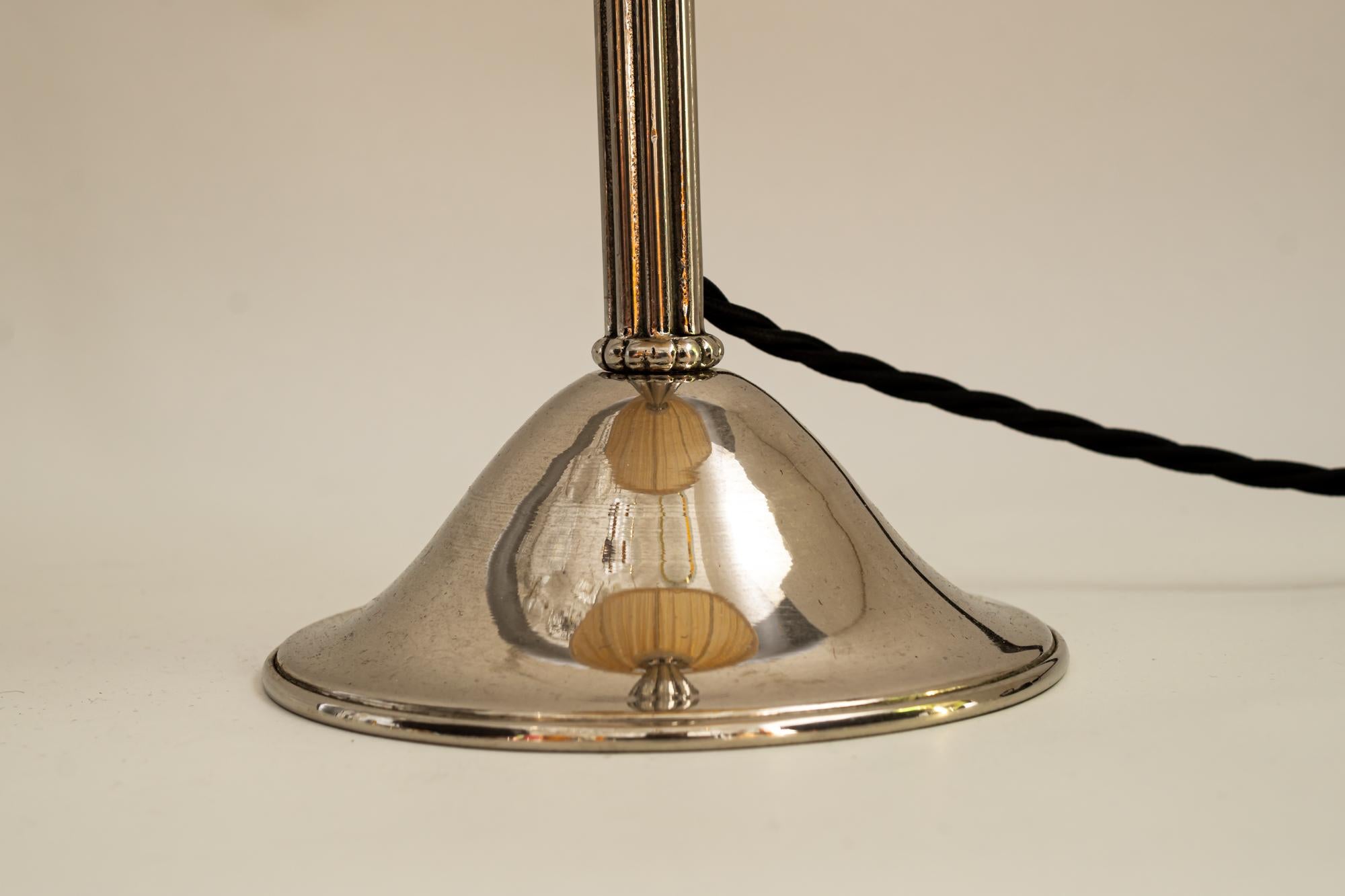 Early 20th Century Nickel - Plated Art Deco Table Lamp with Fabric Shade, Around 1920s