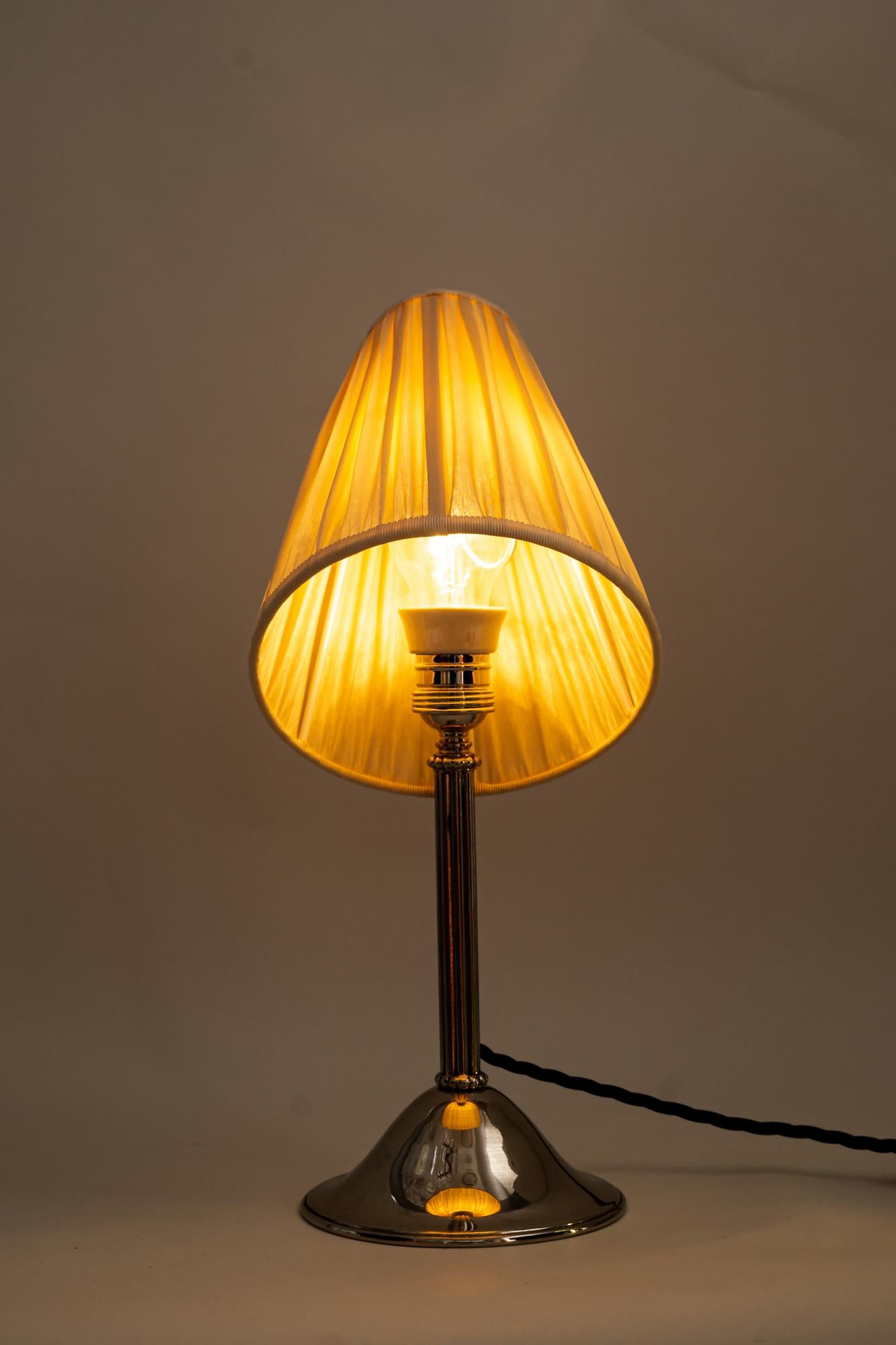 Nickel - Plated Art Deco Table Lamp with Fabric Shade, Around 1920s 2