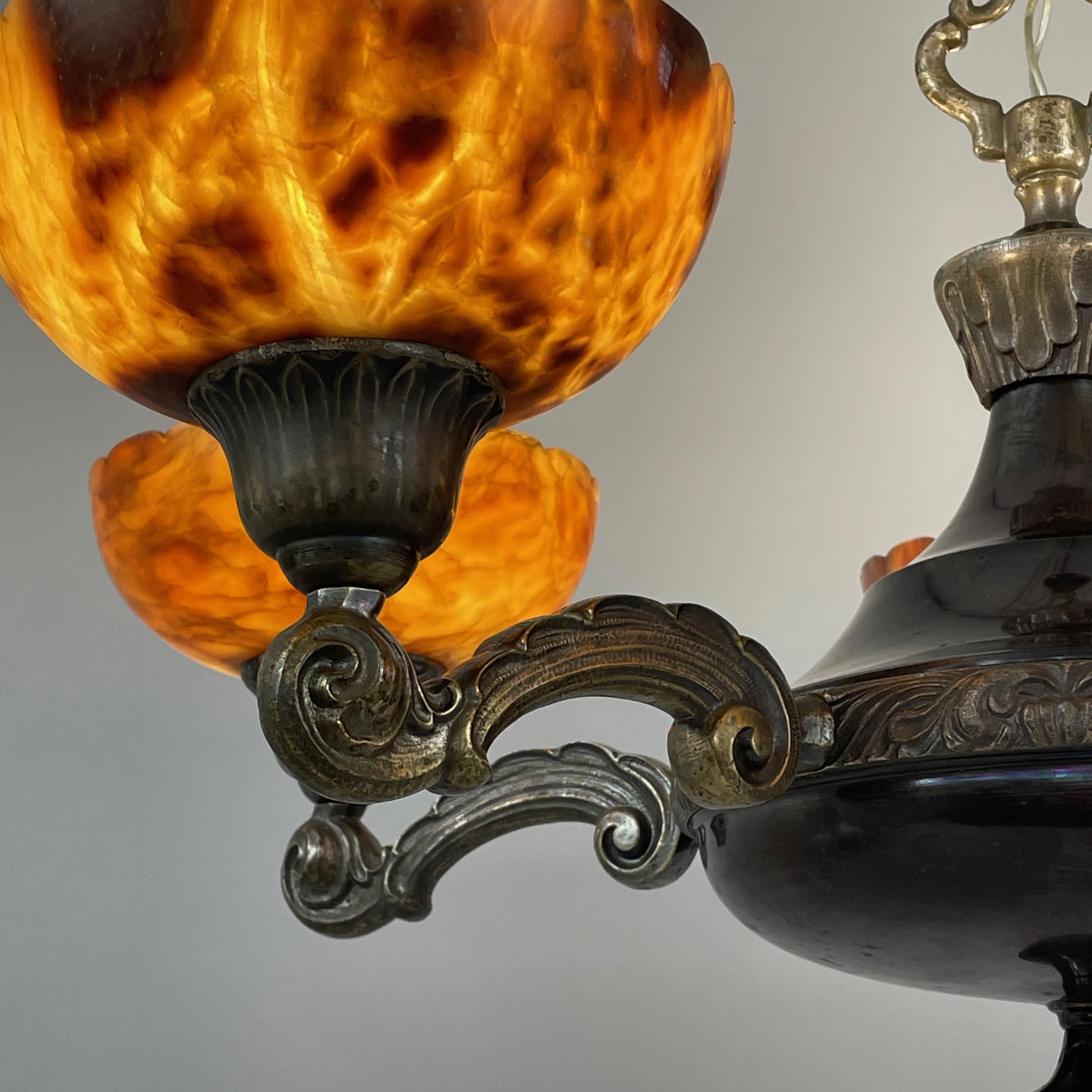 Lustre à 5 lumières en laiton nickelé et albâtre, Suède, années 1920 à 1930 en vente 4