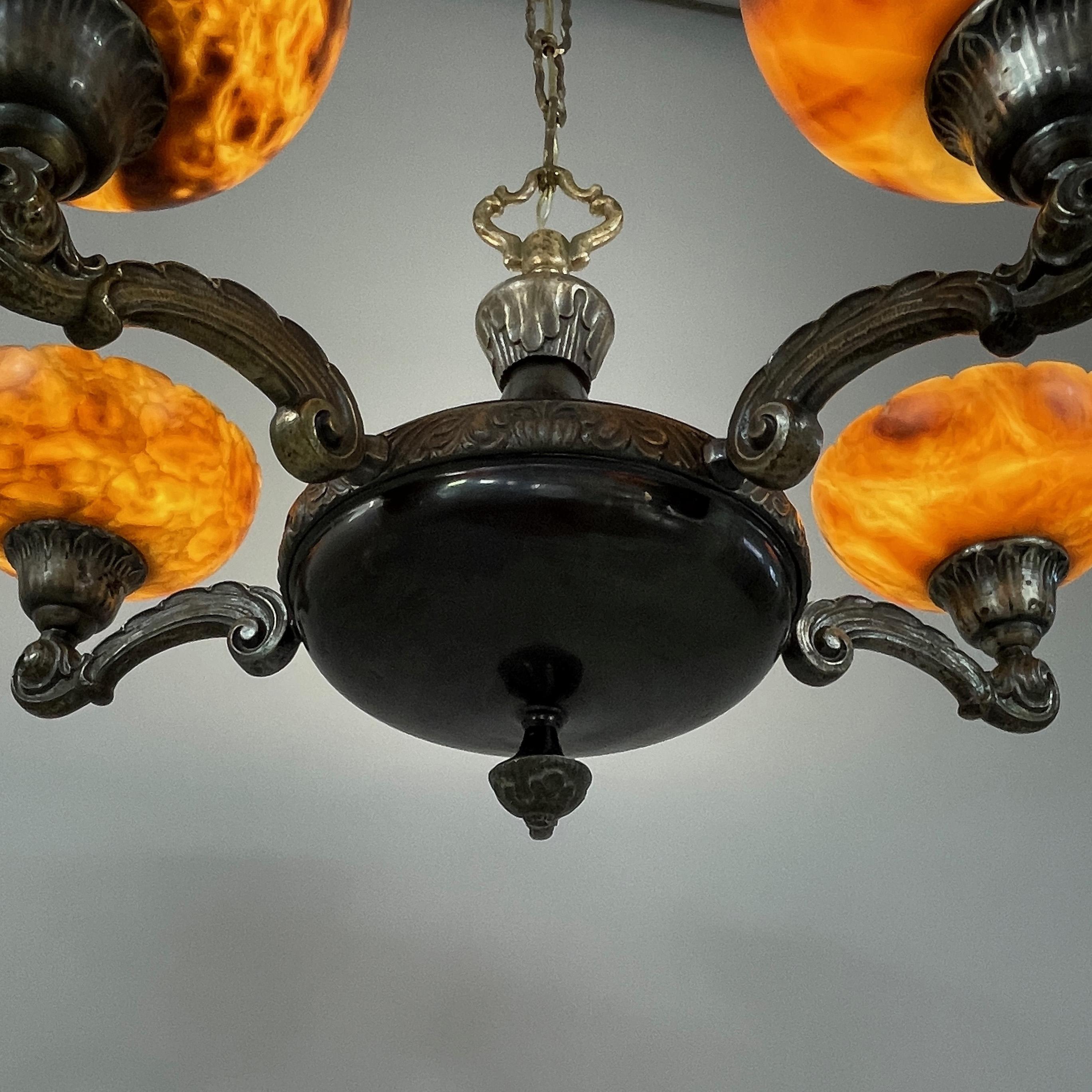 Lustre à 5 lumières en laiton nickelé et albâtre, Suède, années 1920 à 1930 en vente 5