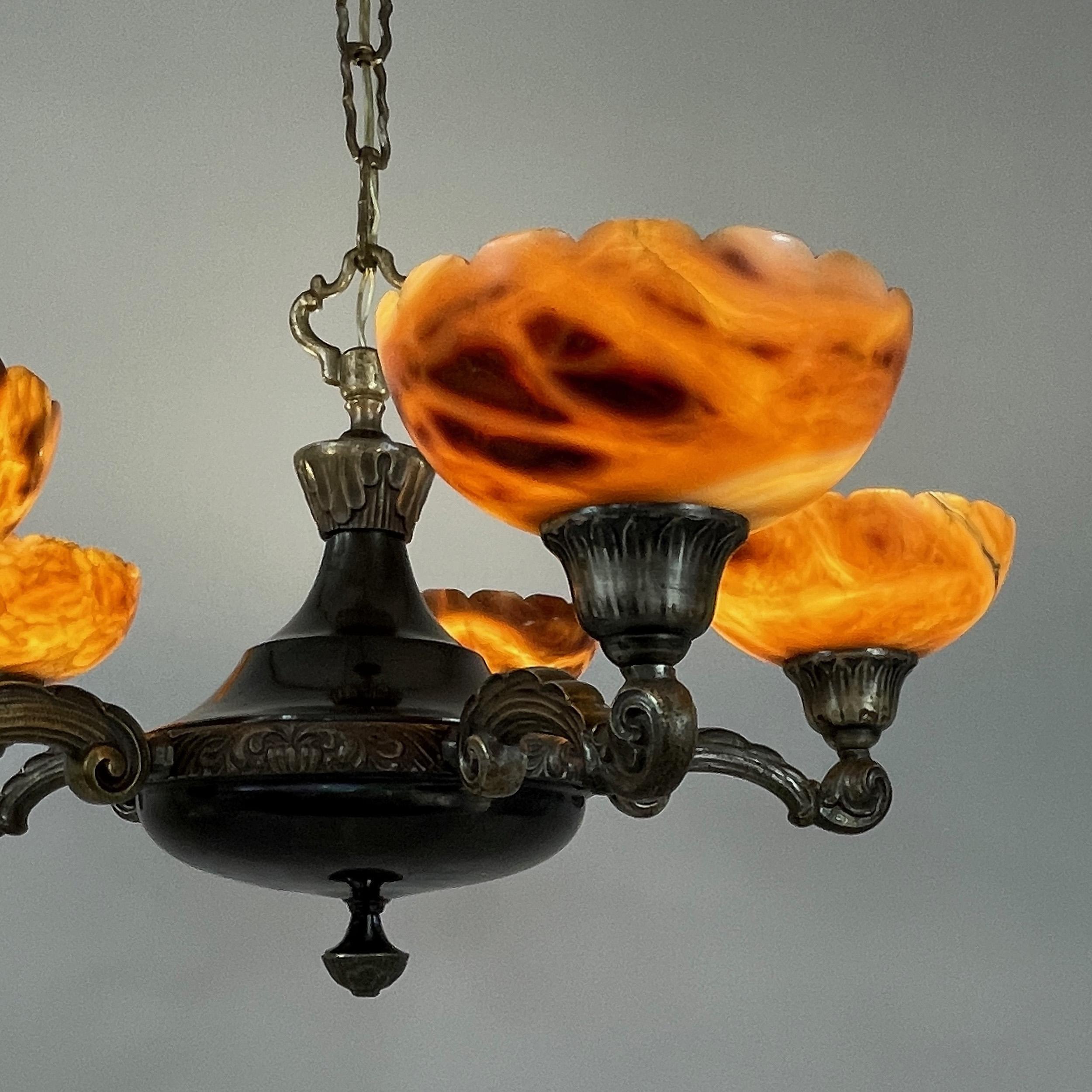 Lustre à 5 lumières en laiton nickelé et albâtre, Suède, années 1920 à 1930 en vente 6