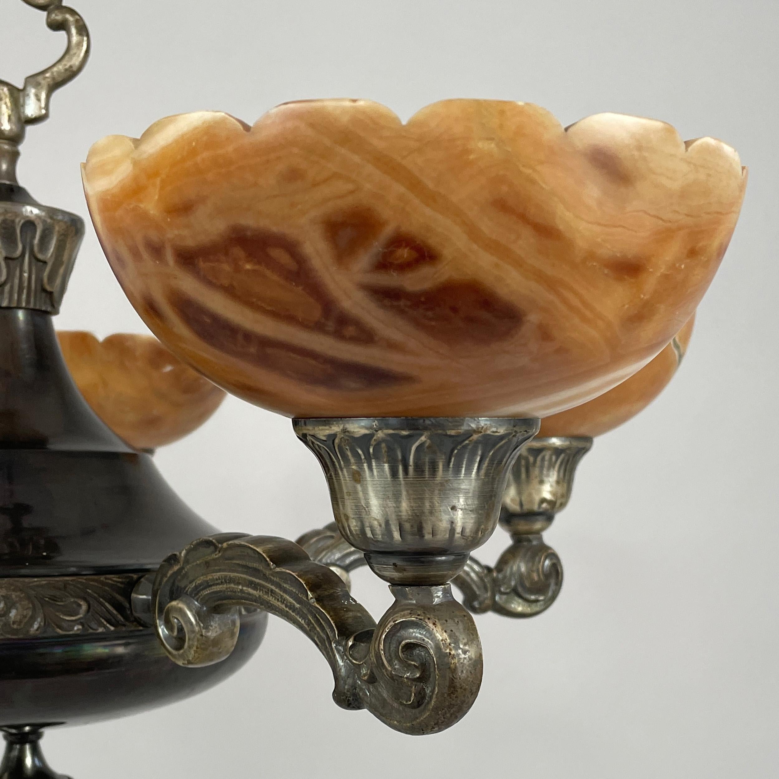 Lustre à 5 lumières en laiton nickelé et albâtre, Suède, années 1920 à 1930 en vente 8