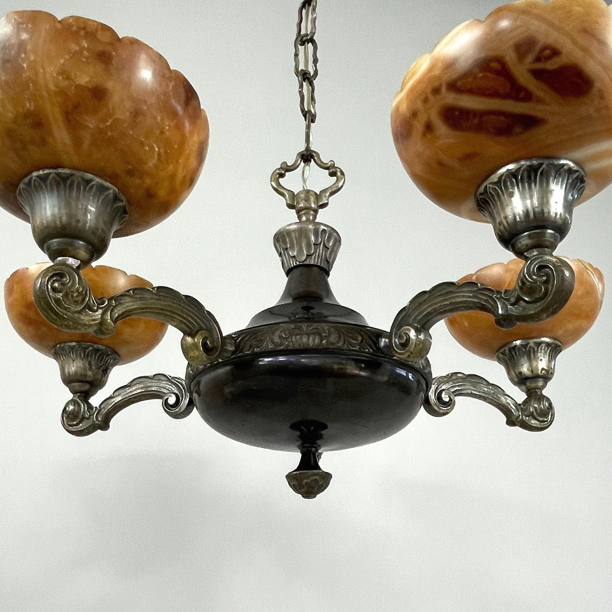 Lustre à 5 lumières en laiton nickelé et albâtre, Suède, années 1920 à 1930 en vente 10