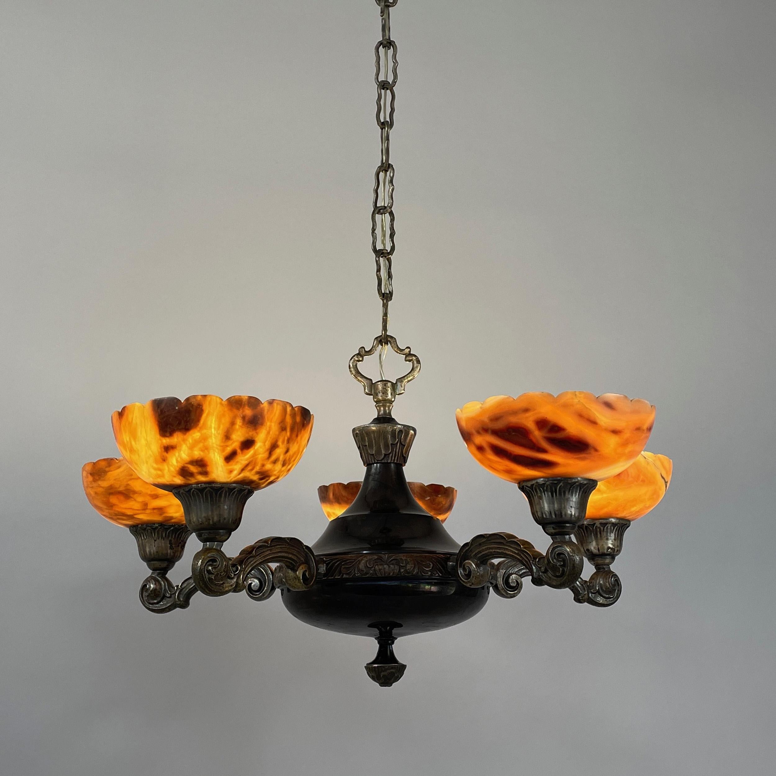 Lustre à 5 lumières en laiton nickelé et albâtre, Suède, années 1920 à 1930 en vente 11