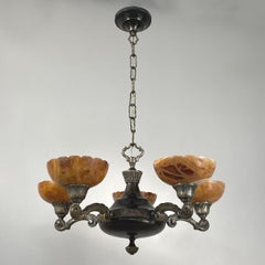 Araña de 5 luces de latón niquelado y alabastro, Suecia Años 20 a 30