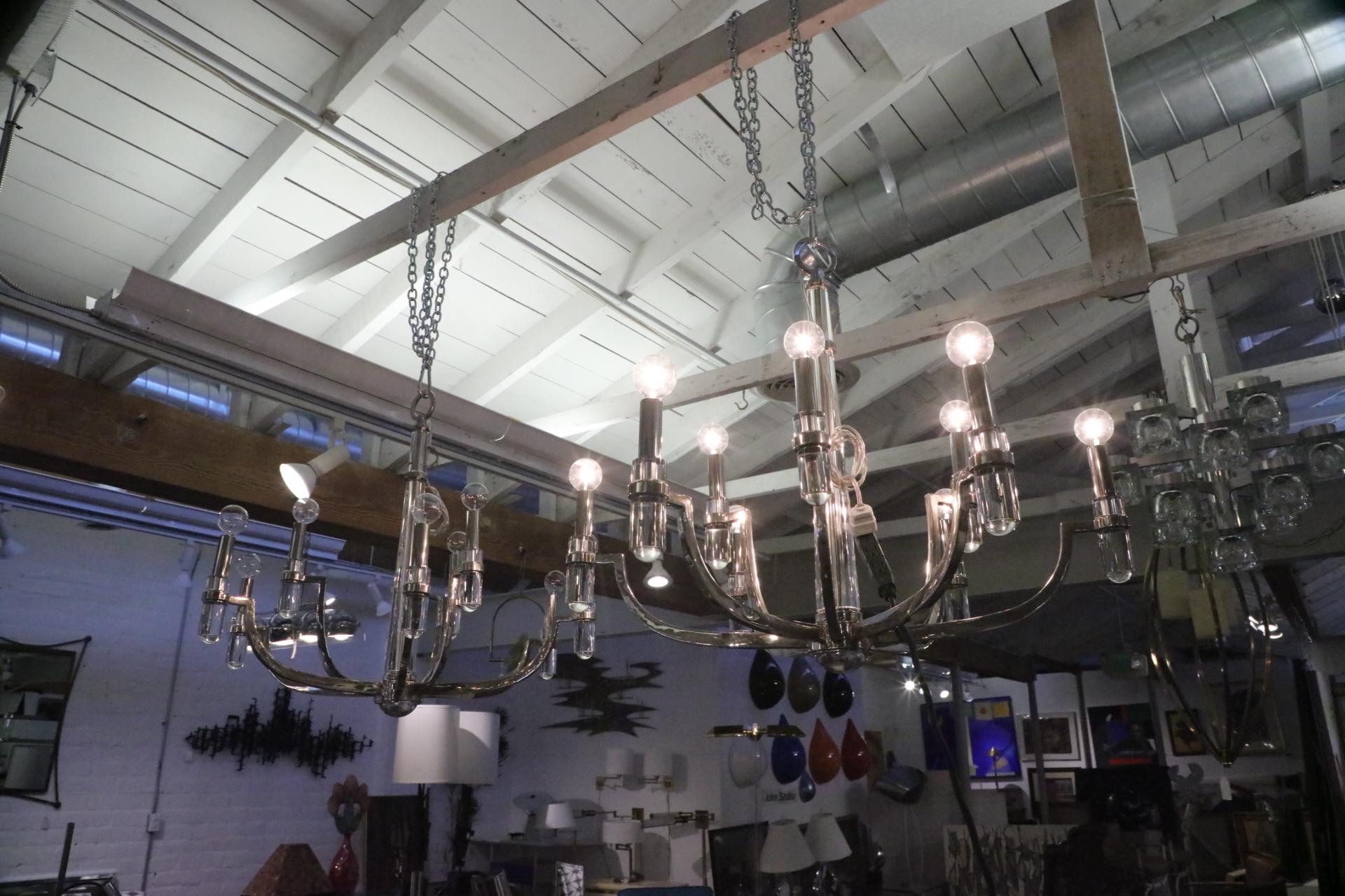 Nickel-Plated Brass, Lucite and Brass Chandeliers 3