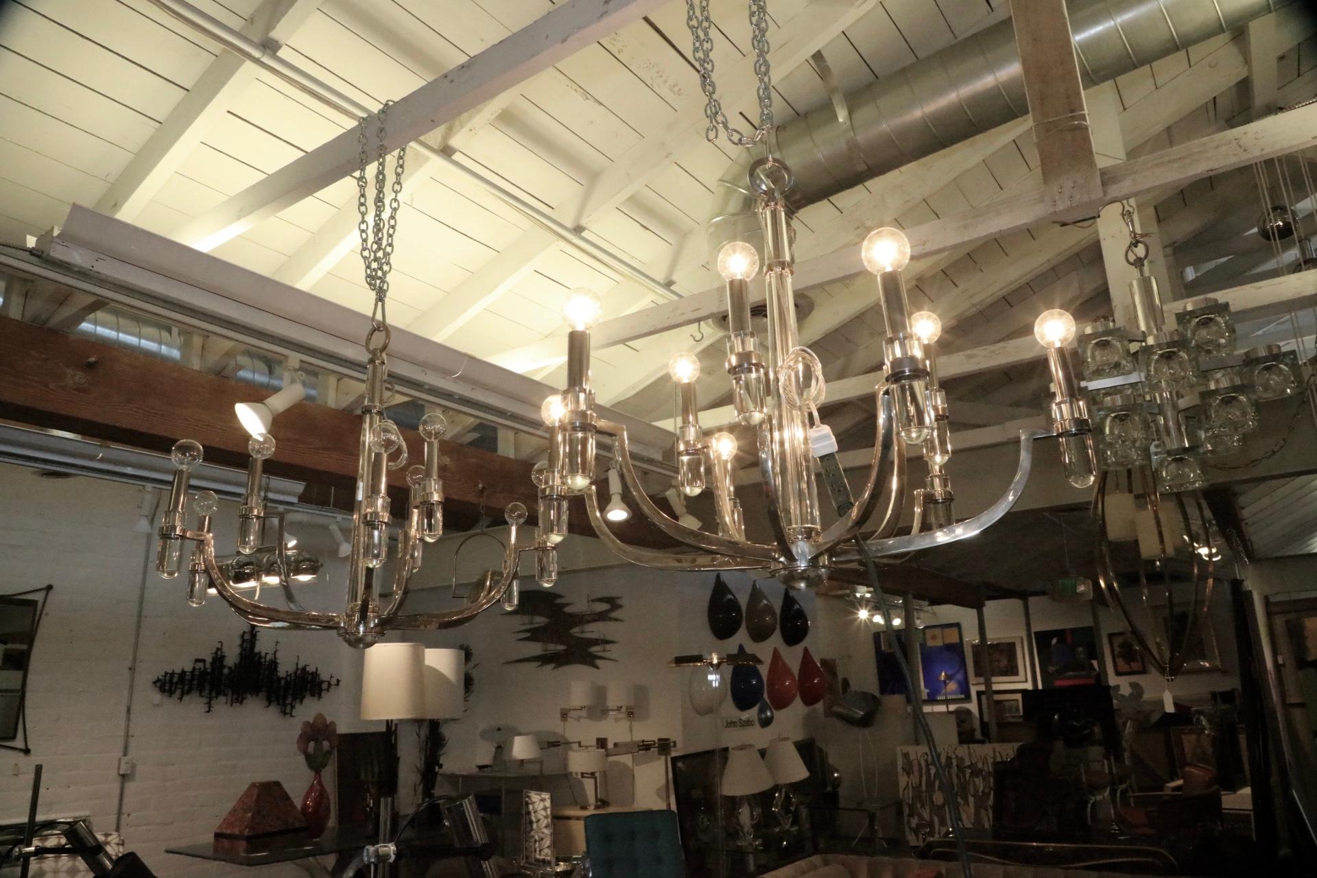 Nickel-Plated Brass, Lucite and Brass Chandeliers 4