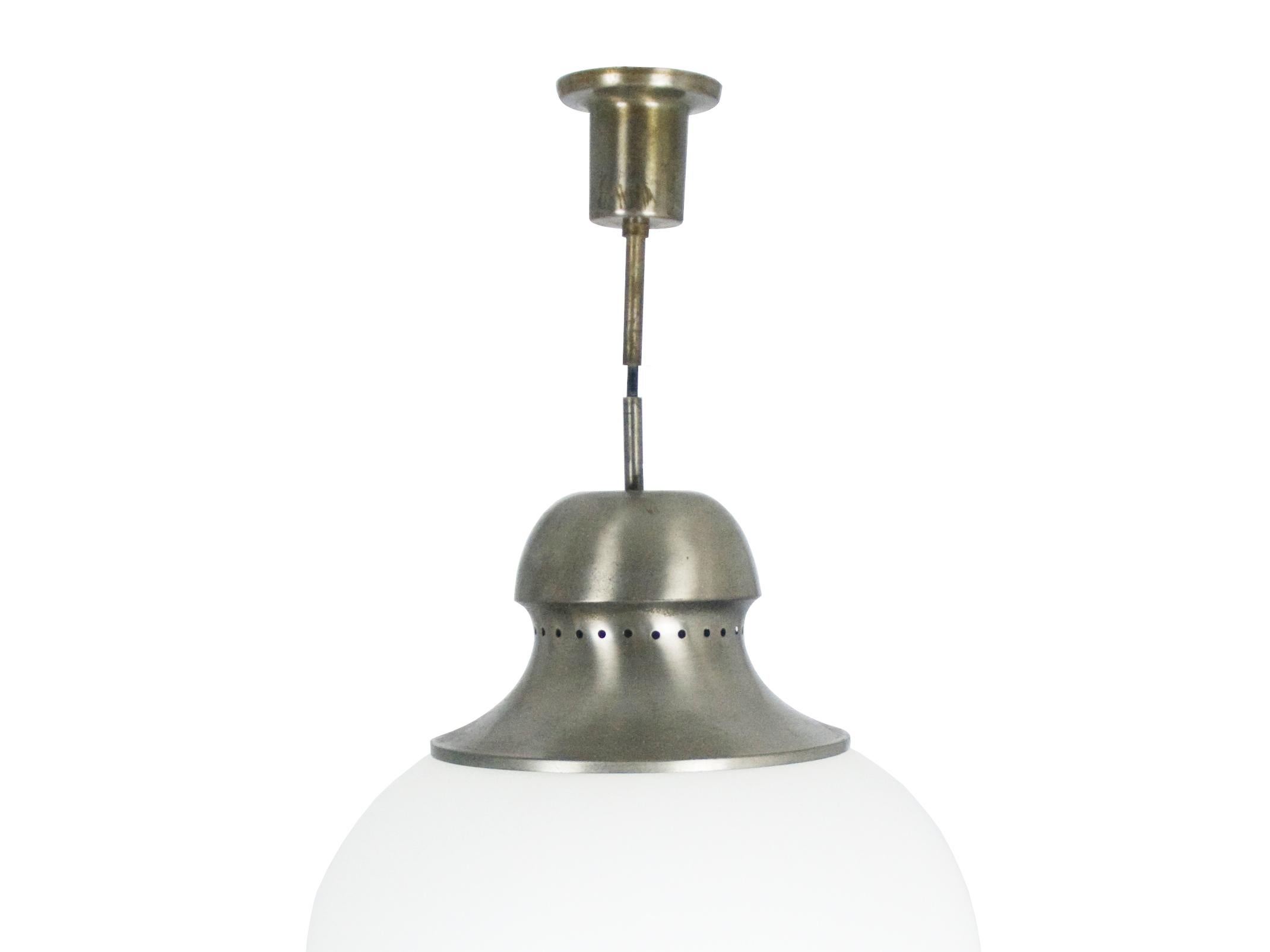 Space Age Nickel-Plated Brass Opaline Glass Shade 1960s A298 Pendant Lamp by Candle For Sale