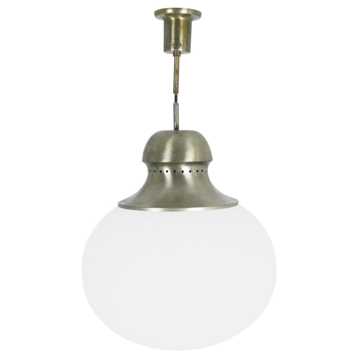 Nickel-Plated Brass Opaline Glass Shade 1960s A298 Pendant Lamp by Candle