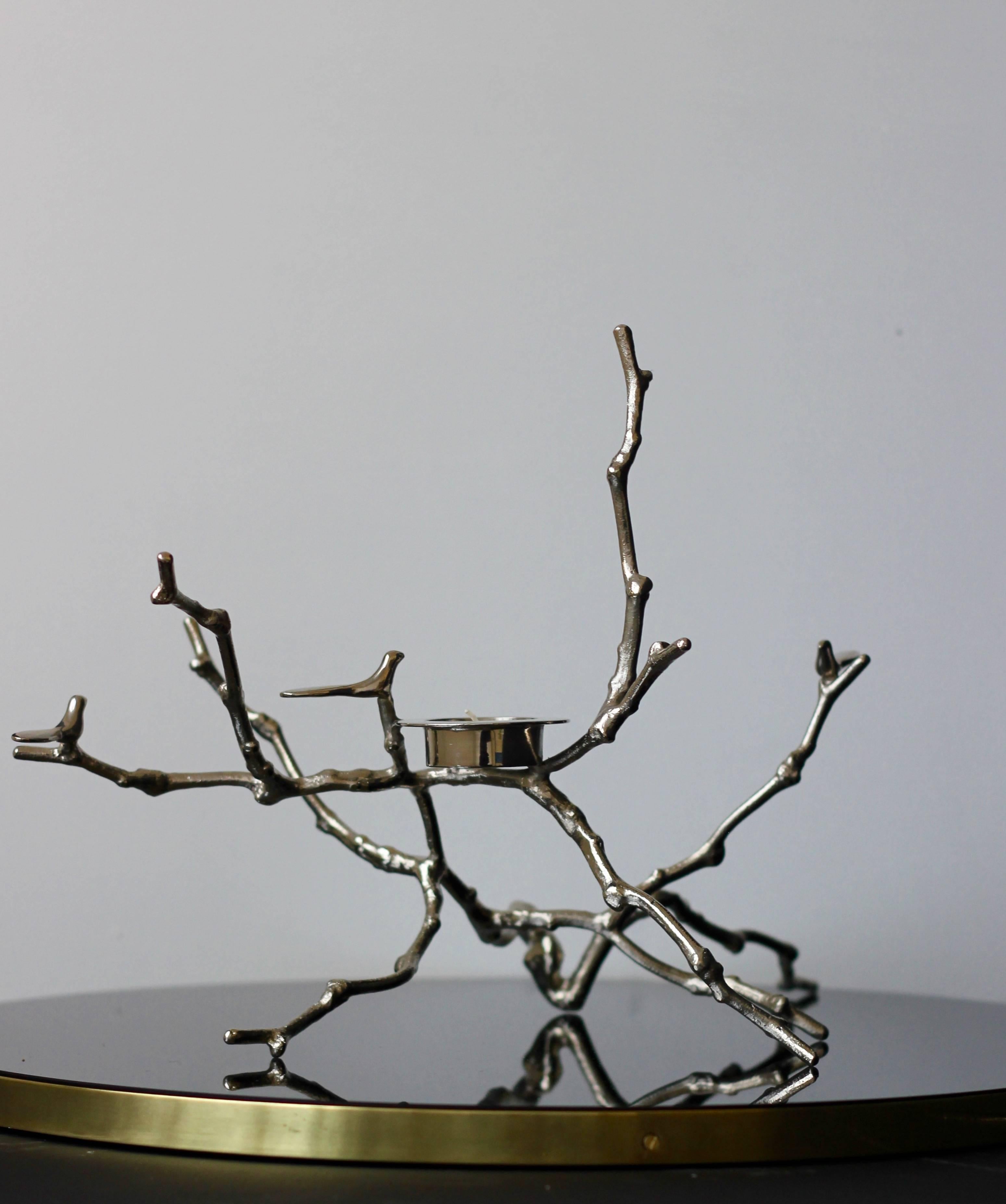 Organic Modern Nickel-Plated Cast Magnolia Twig T-Light Holder, Tall