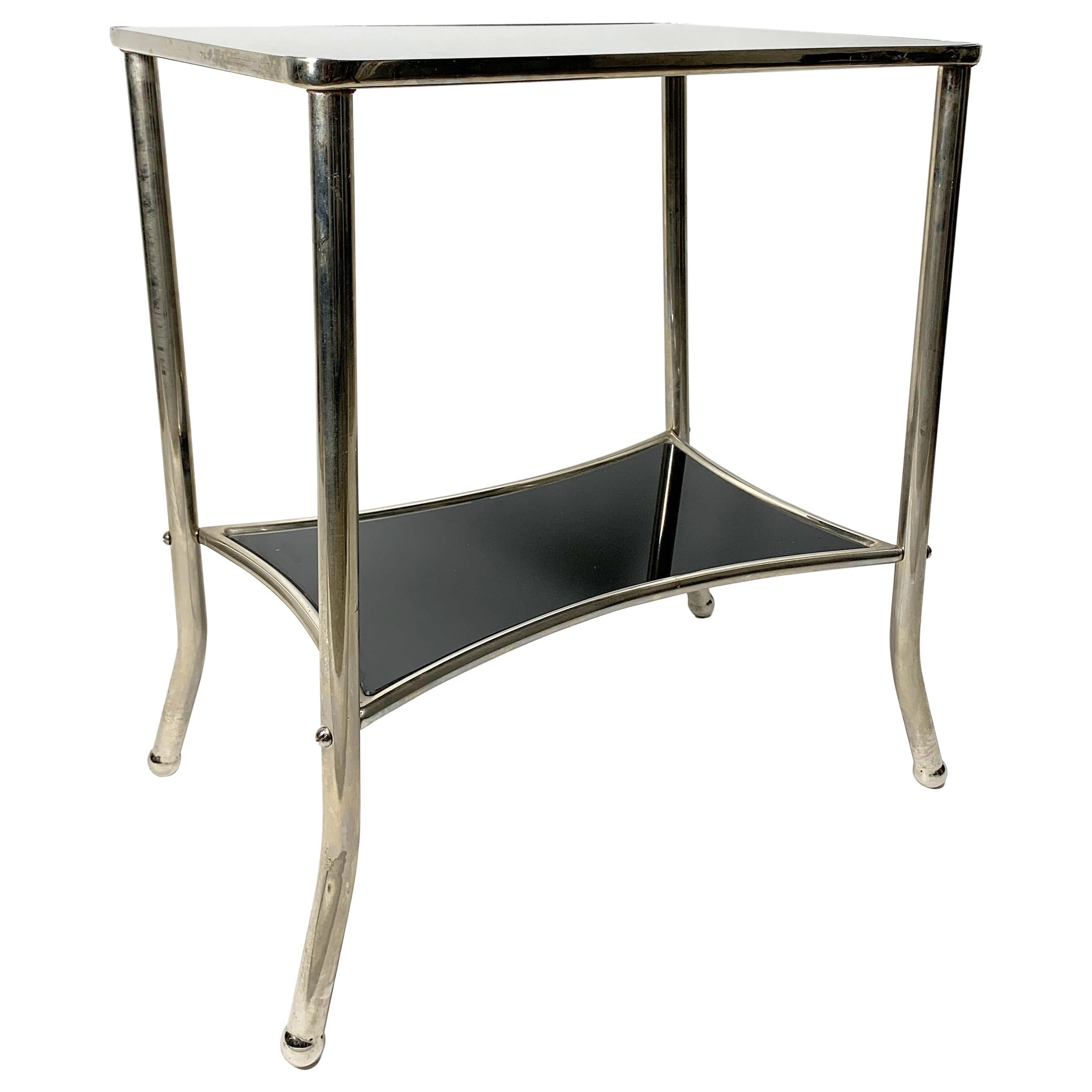 Nickel-Plated Console Table with Black Glass, 1930s