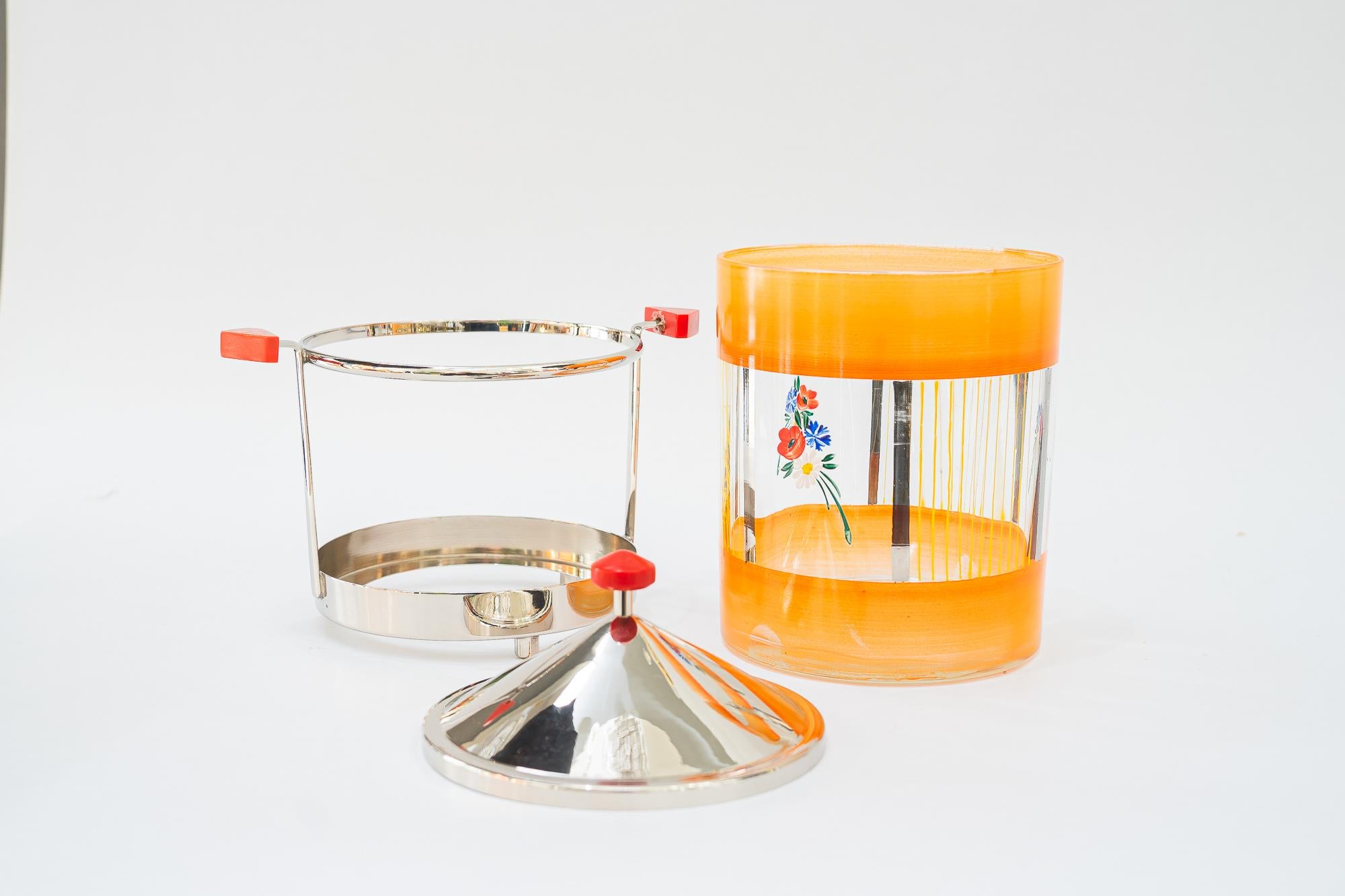 Glass Nickel- plated cookie bowl with original painted glass vienna around 1960s For Sale