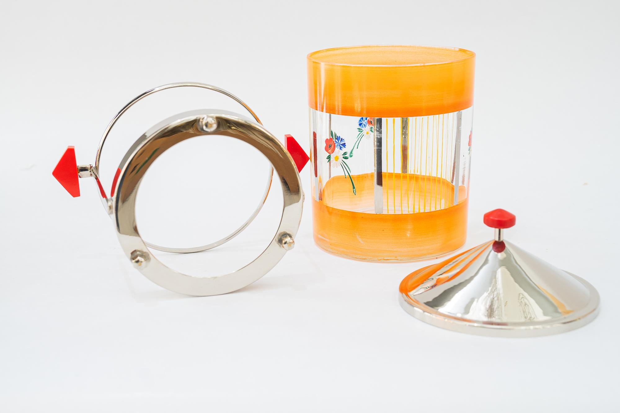 Nickel- plated cookie bowl with original painted glass vienna around 1960s For Sale 1