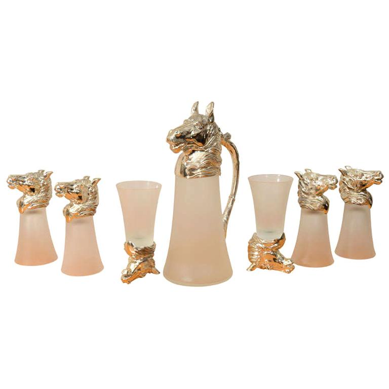 Nickel Plated Horsehead Decanter and Set of '6' Glasses For Sale