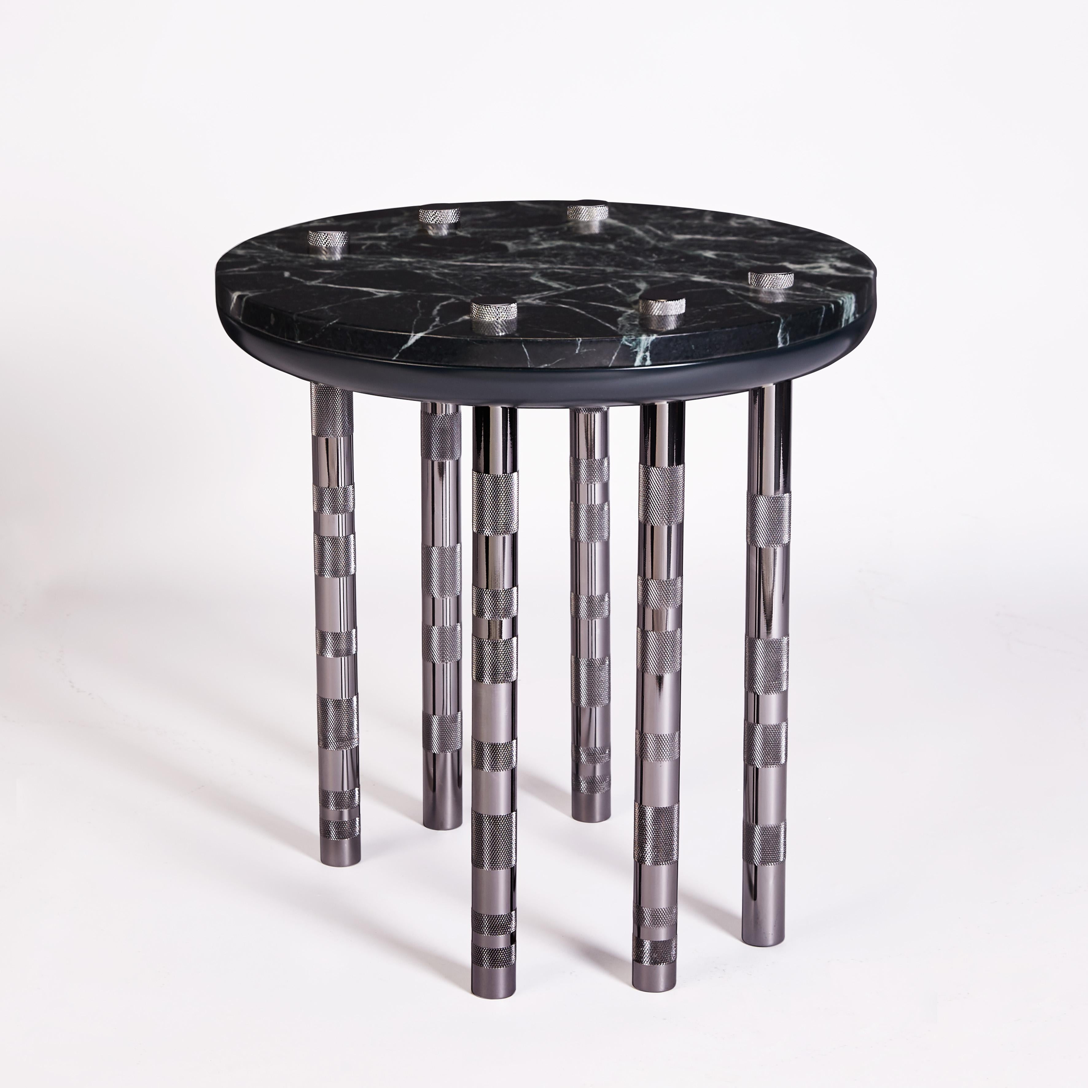 Nickel Plated Ipanema Side Table by DUISTT
Dimensions: W 50 x D 50 x H 46 cm
Materials: Green Spider Marble top, Lacquered wood and Nickel Plated Brass details

Rich in contrast and playing on scale with conjugated elements, the Ipanema nickel