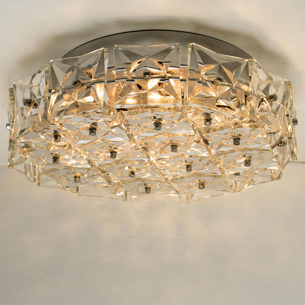 Metal Nickel-Plated Kinkeldey Crystal Glass Flush Mount, Germany, 1970s For Sale