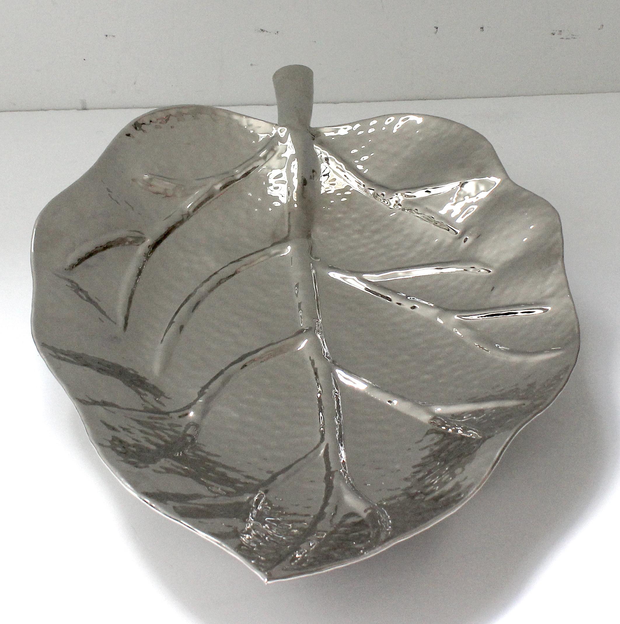 American Nickel Plated Leaf Form Serving Tray by Iconic Snob Galeries For Sale