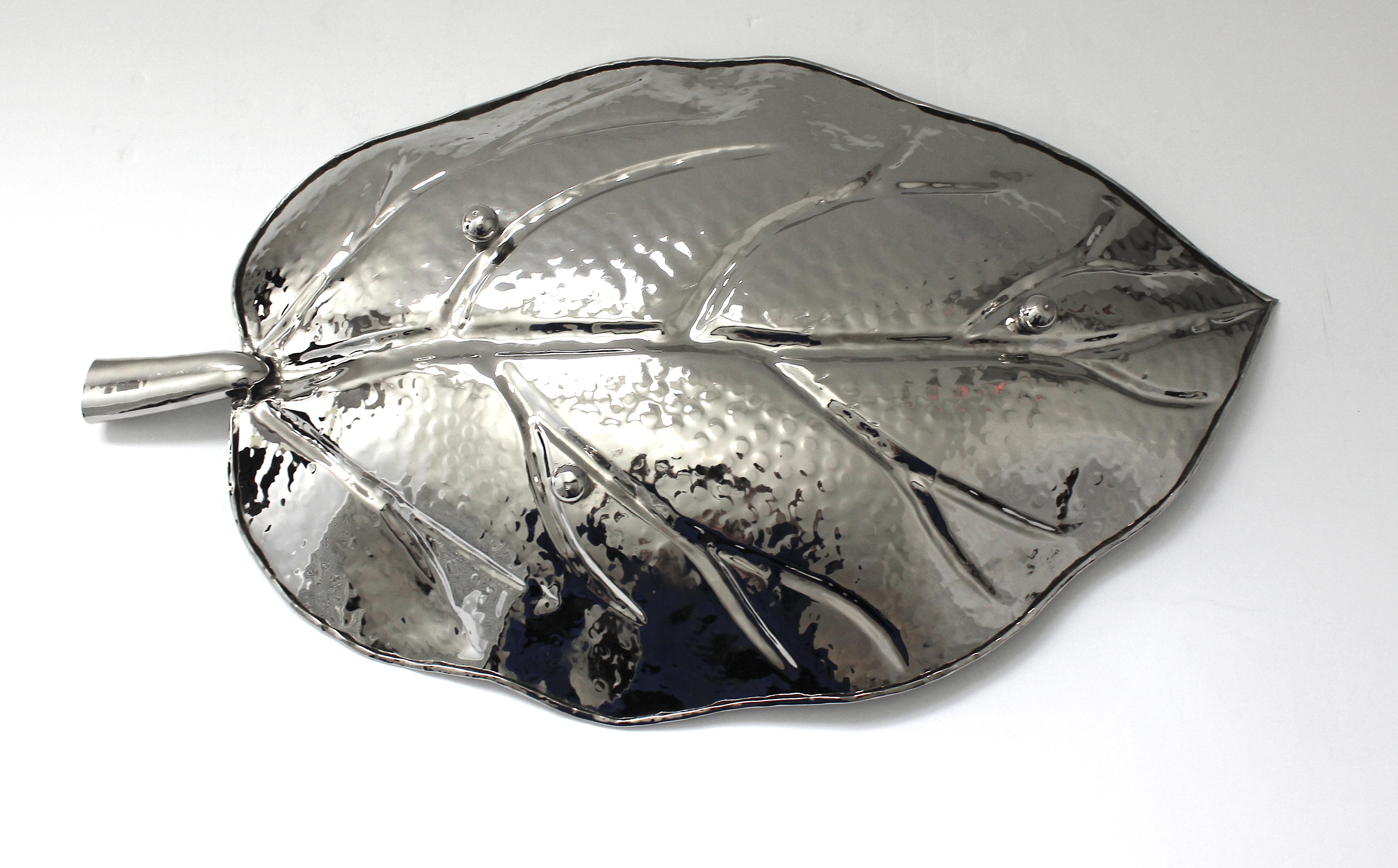 Nickel Plated Leaf Form Serving Tray by Iconic Snob Galeries In Good Condition For Sale In West Palm Beach, FL