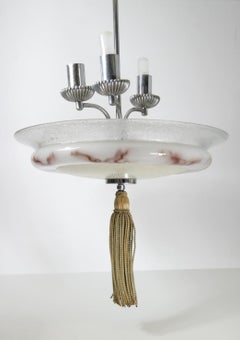 Nickel-Plated Marble Glass Art Deco Pendant Chandelier, 1930s