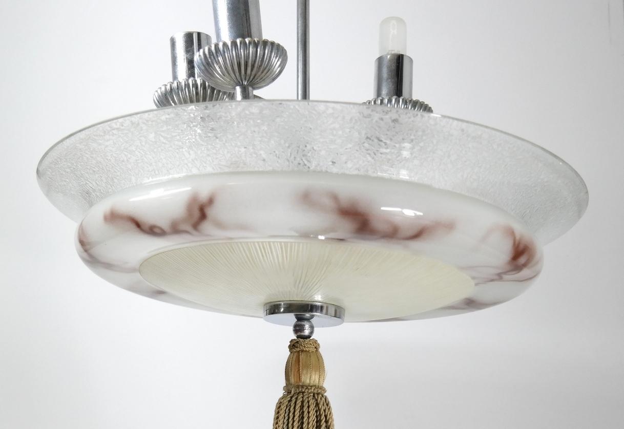 Nickel-Plated Marble Glass Art Deco Pendant Chandelier, 1930s In Good Condition For Sale In Budapest, HU