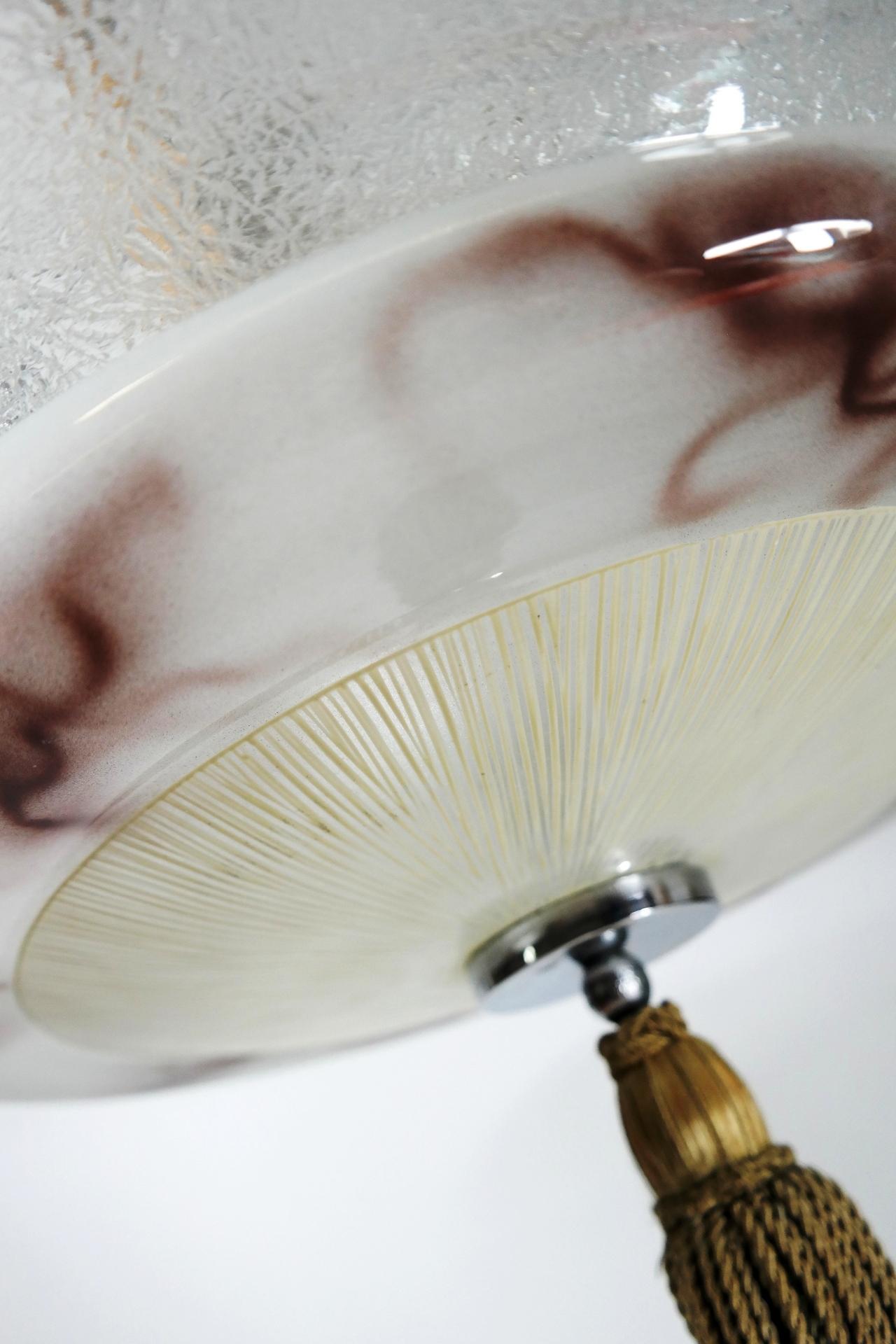 Nickel-Plated Marble Glass Art Deco Pendant Chandelier, 1930s For Sale 2