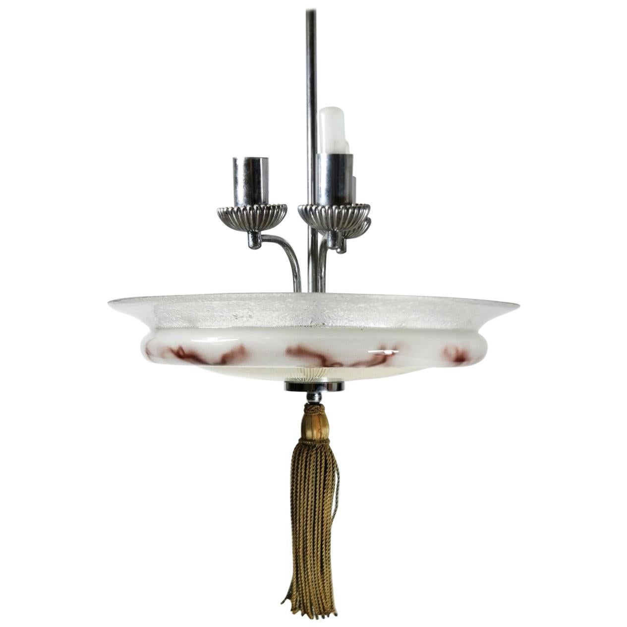 Nickel-Plated Marble Glass Art Deco Pendant Chandelier, 1930s For Sale