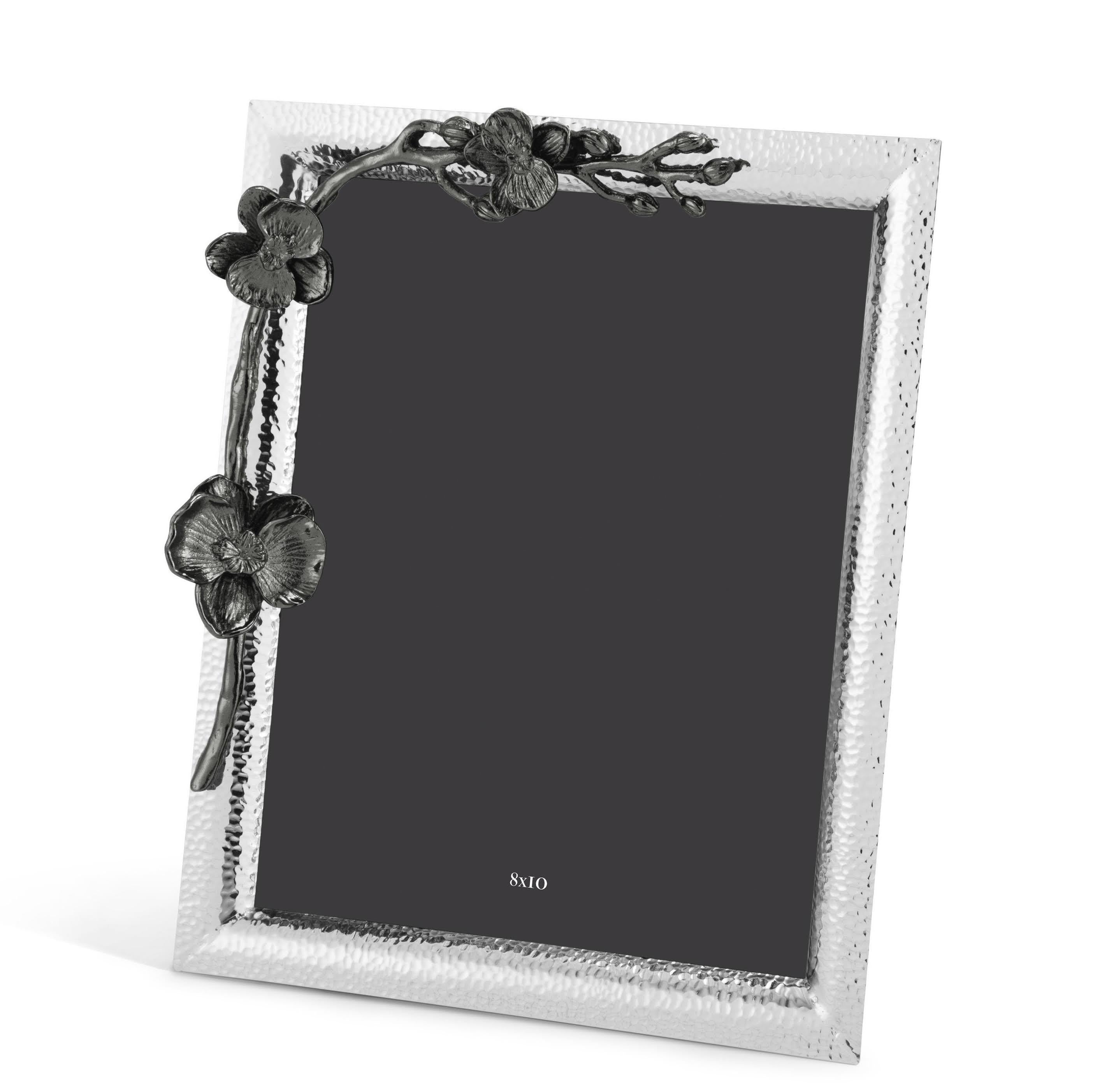 Marco de fotos grande de metal niquelado con diseño de orquídeas negras superpuestas. Moderno en venta