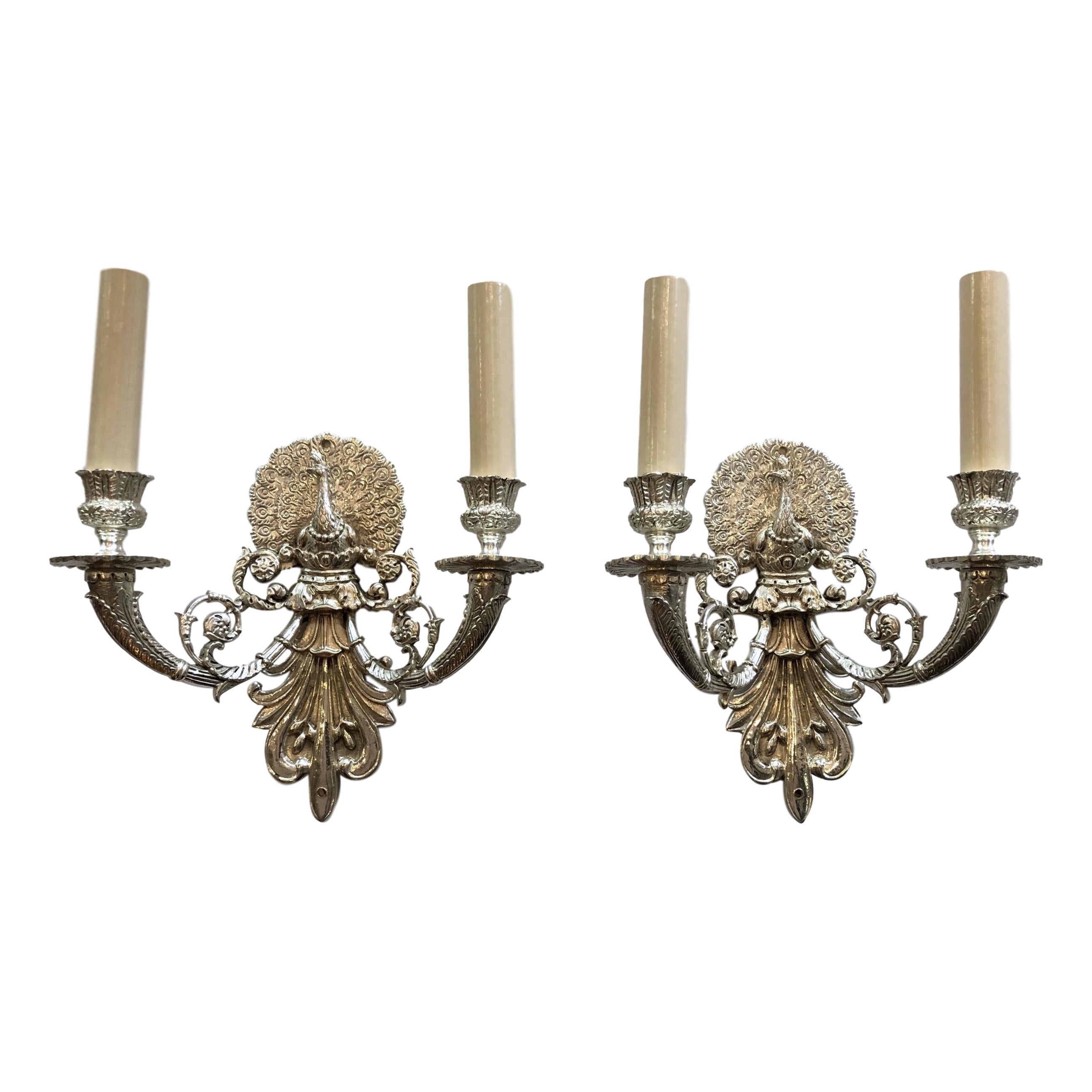 Nickel-Plated Peacock Sconces