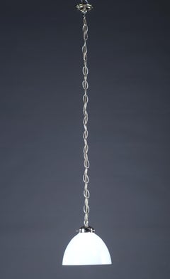 Nickel Plated Pendant Light W White Ribbed Glass Shade