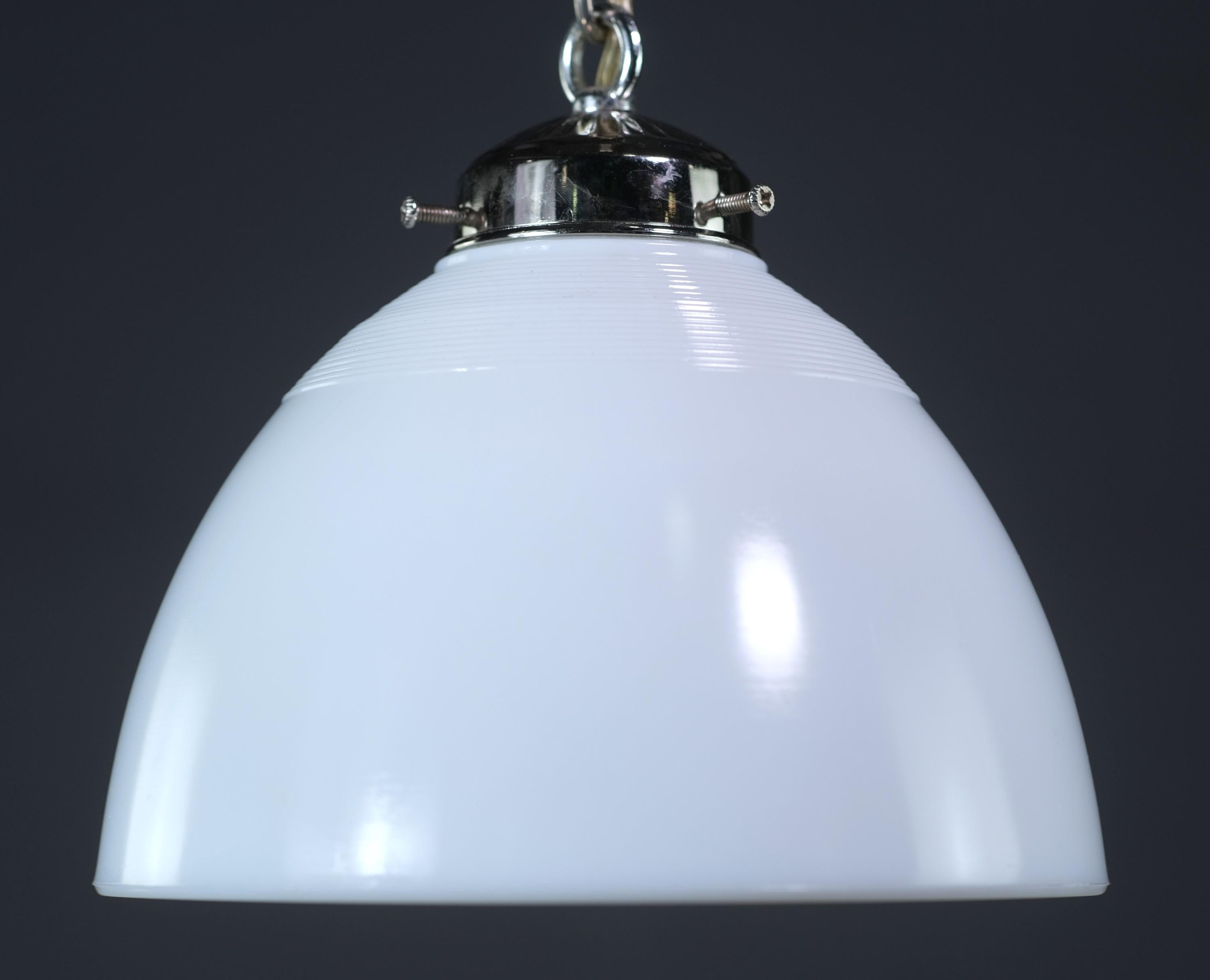 American Nickel Plated Pendant Light W White Ribbed Glass Shade For Sale