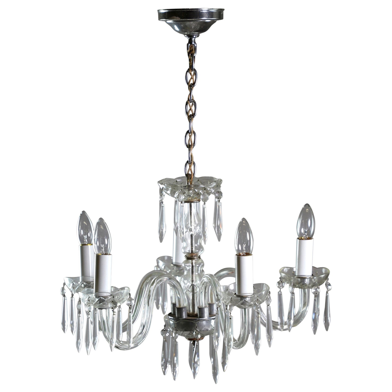 Lustre à 5 bras en nickel plaqué et restauré en cristal taillé transparent
