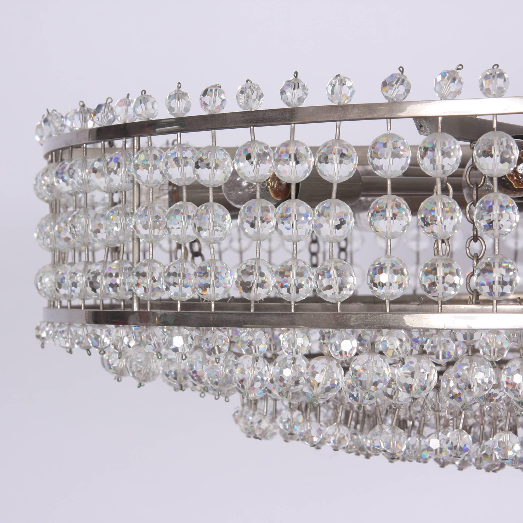 Italian Nickel-Plated Round Chandelier with Facetted Round Glass Drops