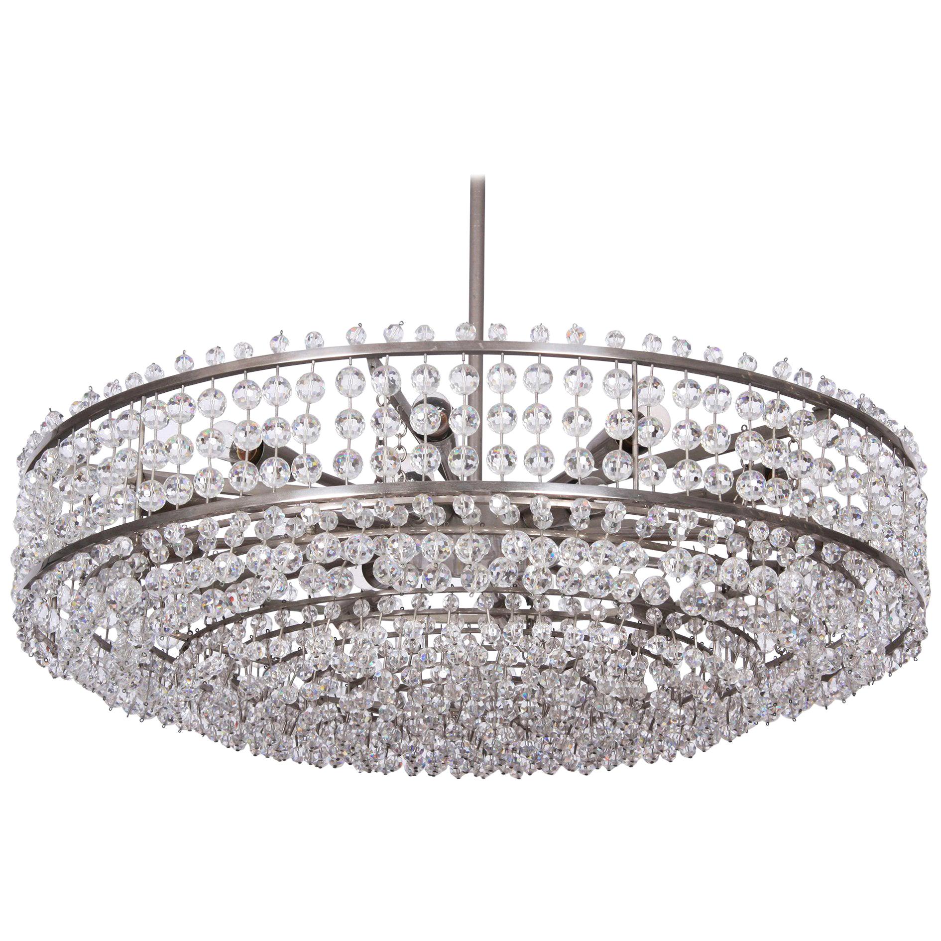 Nickel-Plated Round Chandelier with Facetted Round Glass Drops