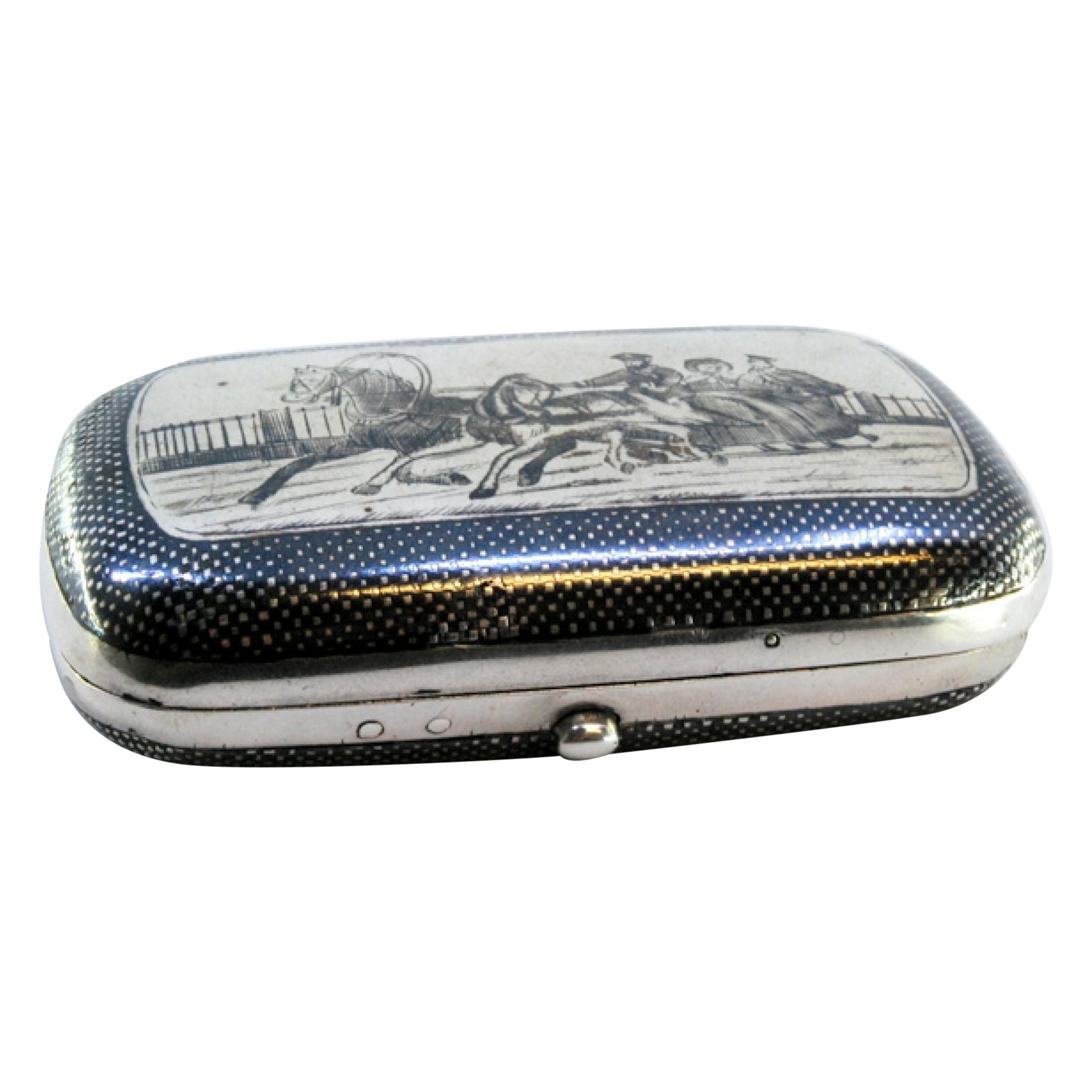 Nickel-plated silver case in Russian style with carriage motif, hinged lid