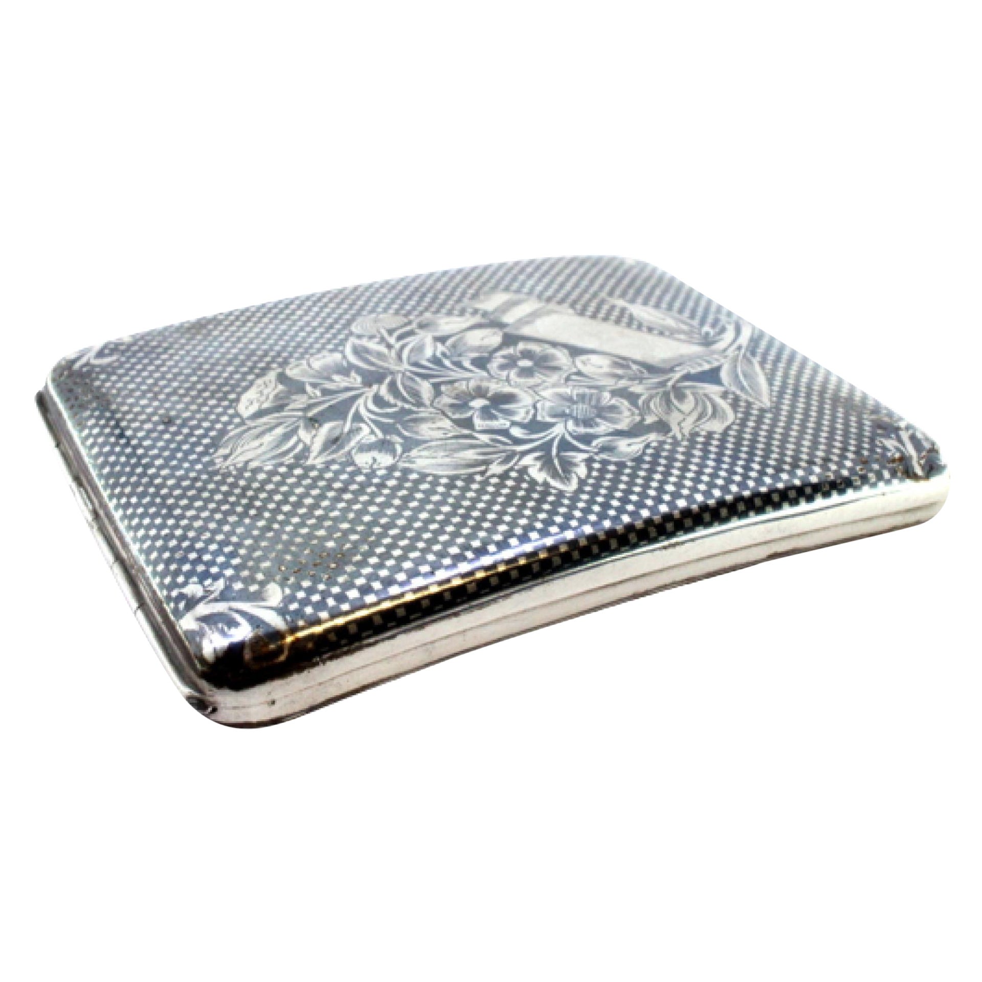 Nickel plated silver cigarette case with flowers and hinged lid