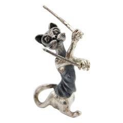 Vintage Nickel plated silver miniature cat with drumsticks