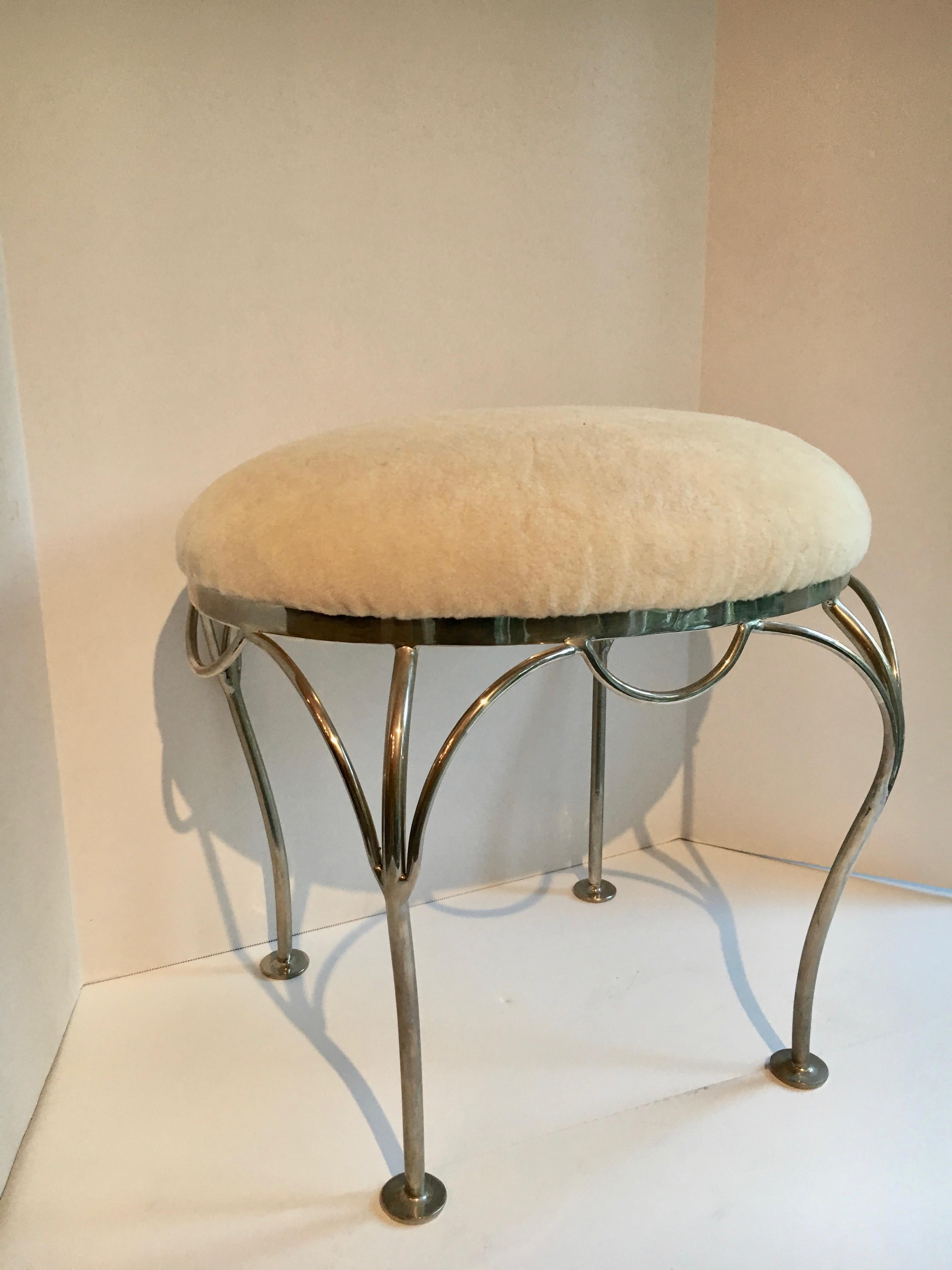 Mid-Century Modern Nickel-Plated Vanity Stool with Shearling Seat