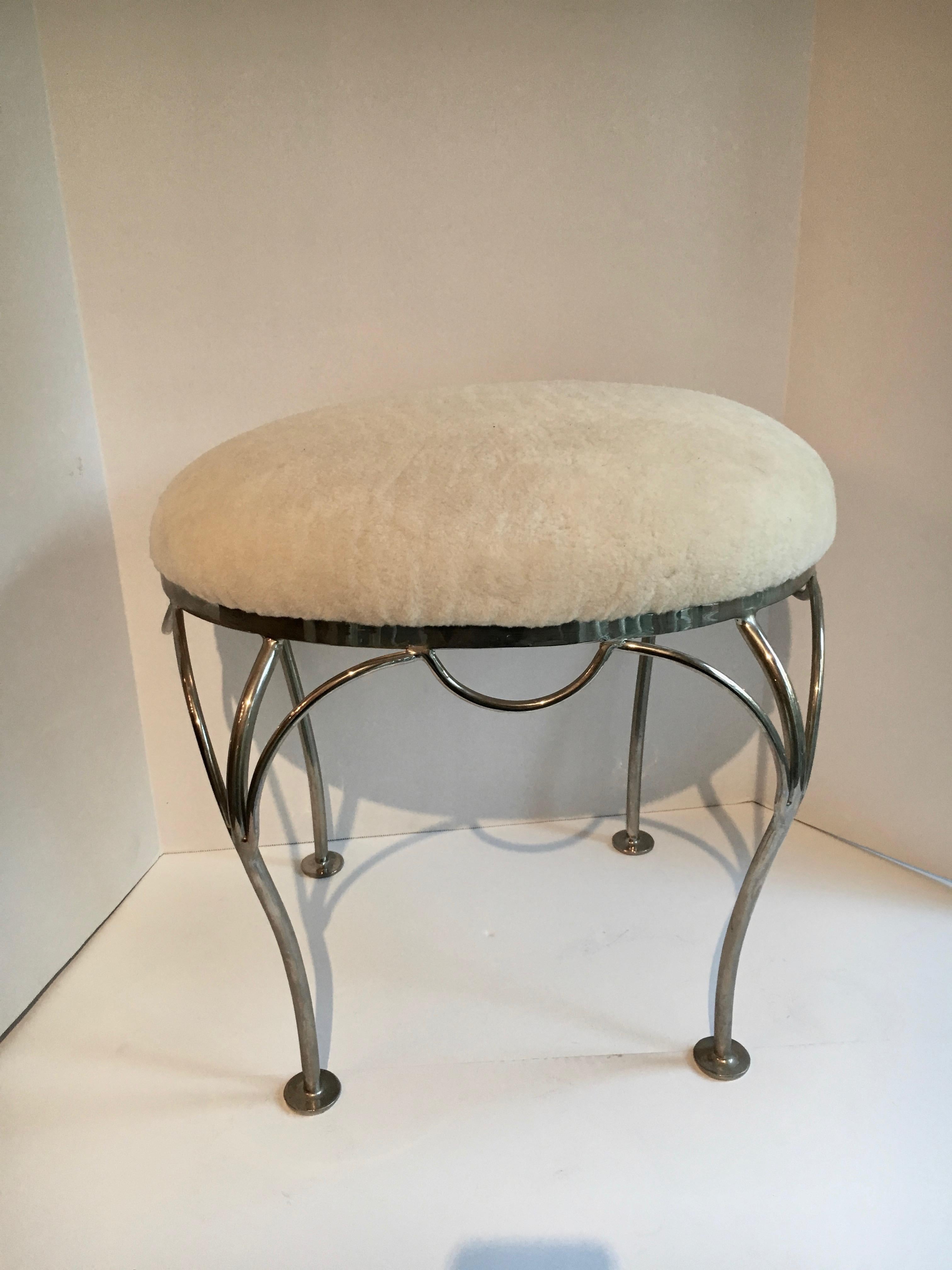 Nickel-Plated Vanity Stool with Shearling Seat In Excellent Condition In Los Angeles, CA