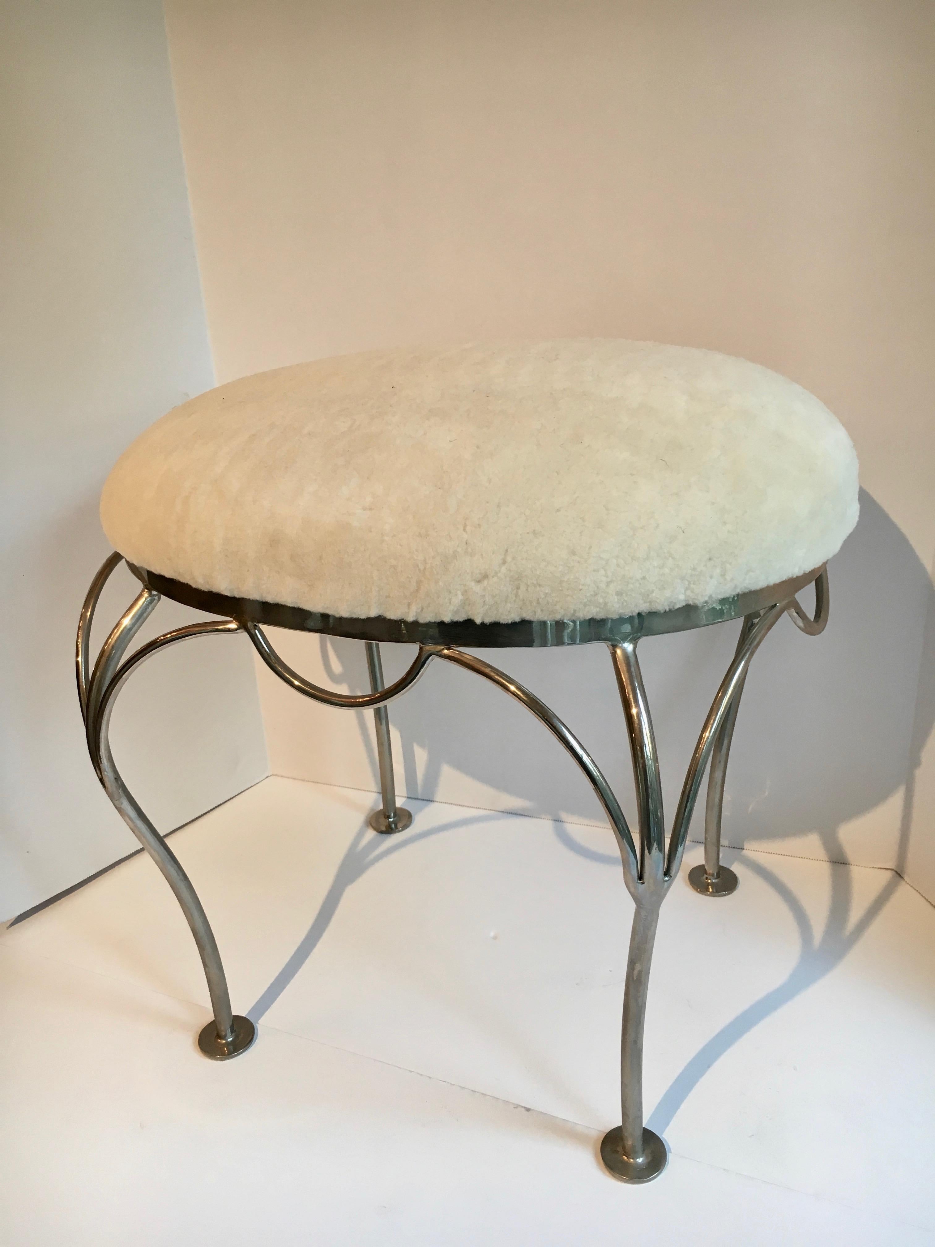 20th Century Nickel-Plated Vanity Stool with Shearling Seat