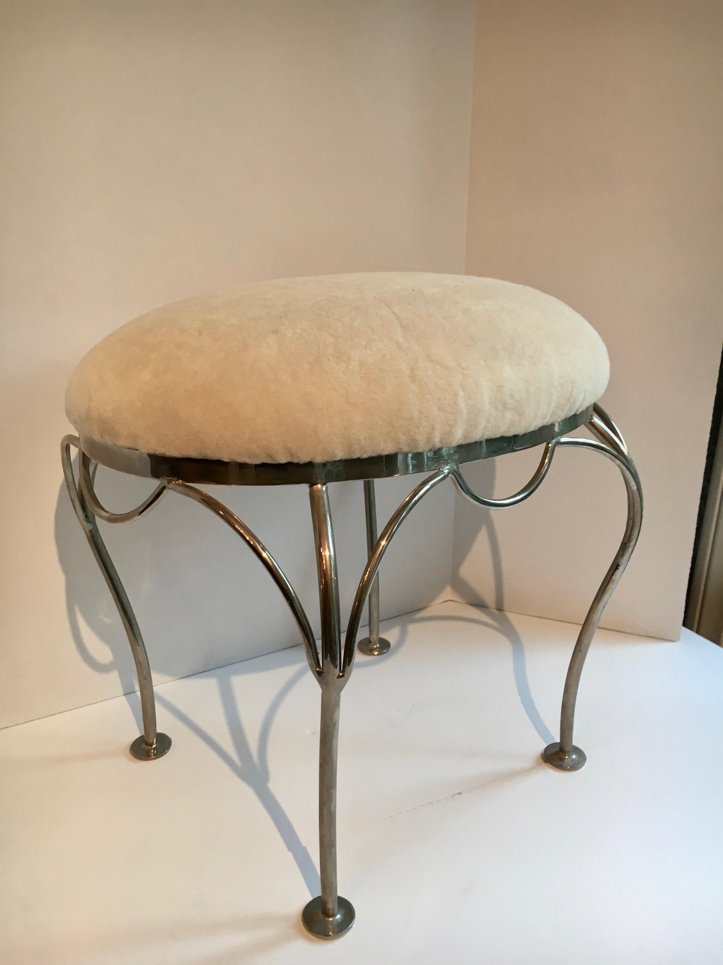 Nickel-Plated Vanity Stool with Shearling Seat 1