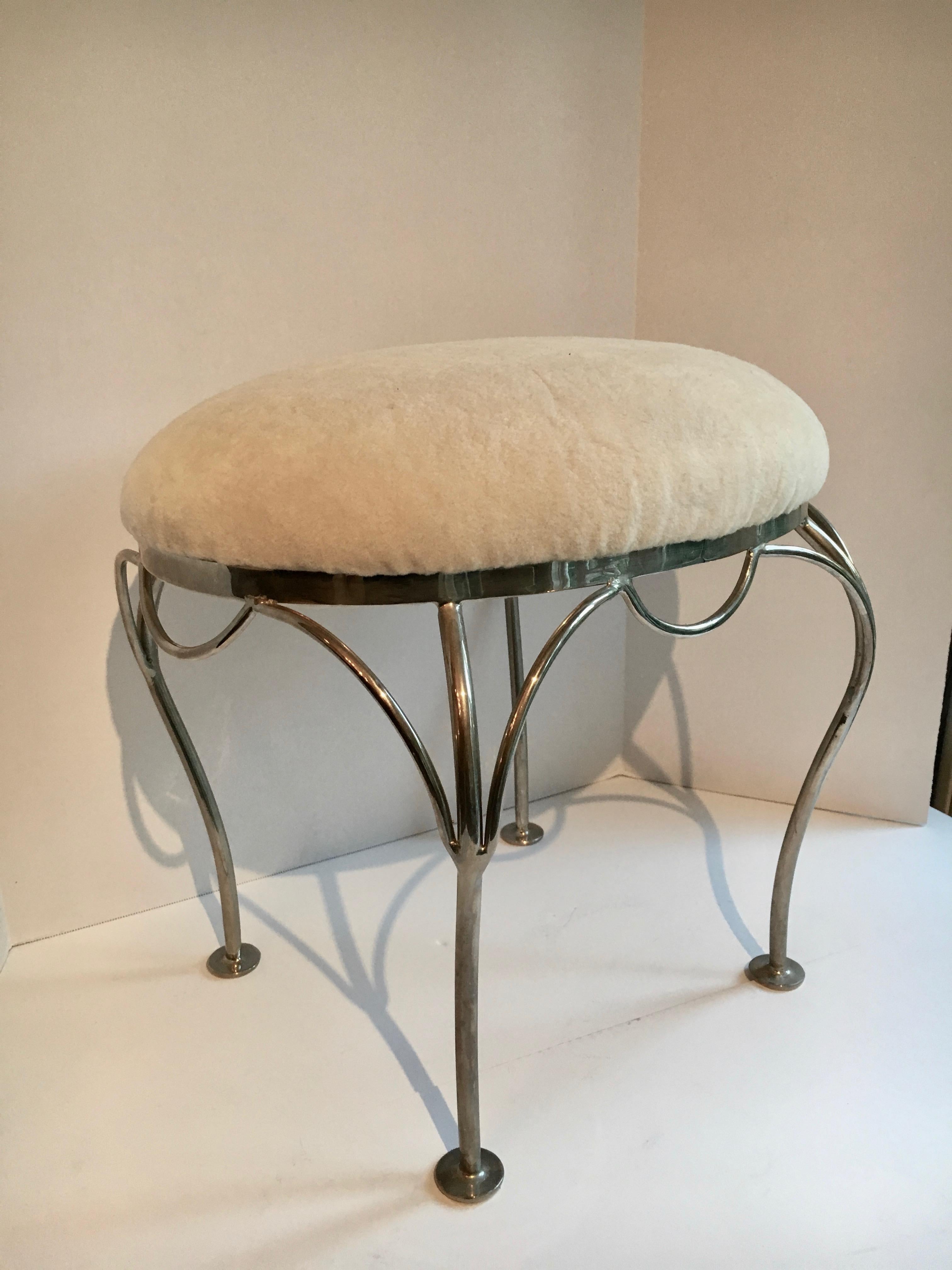 Nickel-Plated Vanity Stool with Shearling Seat 2