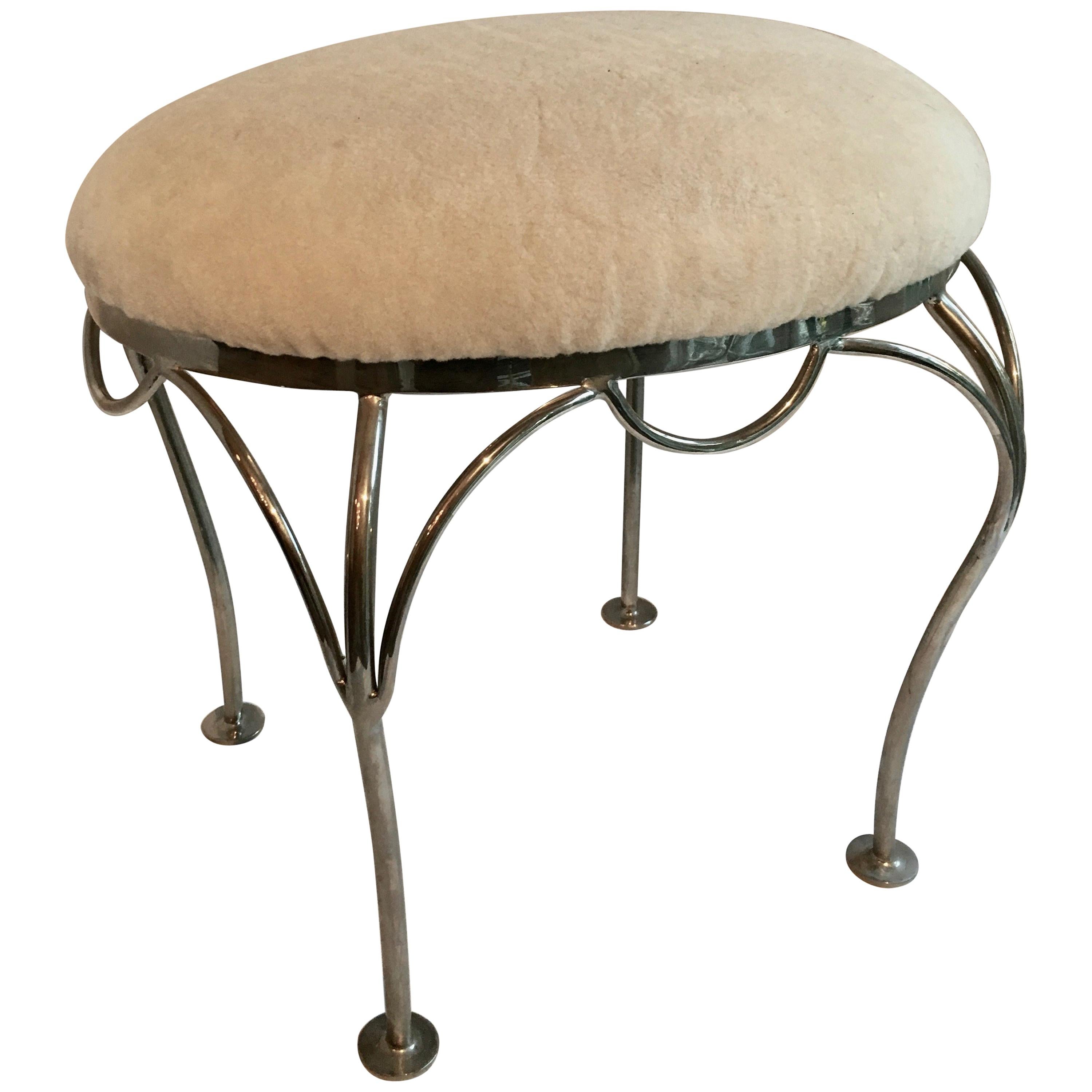 Nickel-Plated Vanity Stool with Shearling Seat